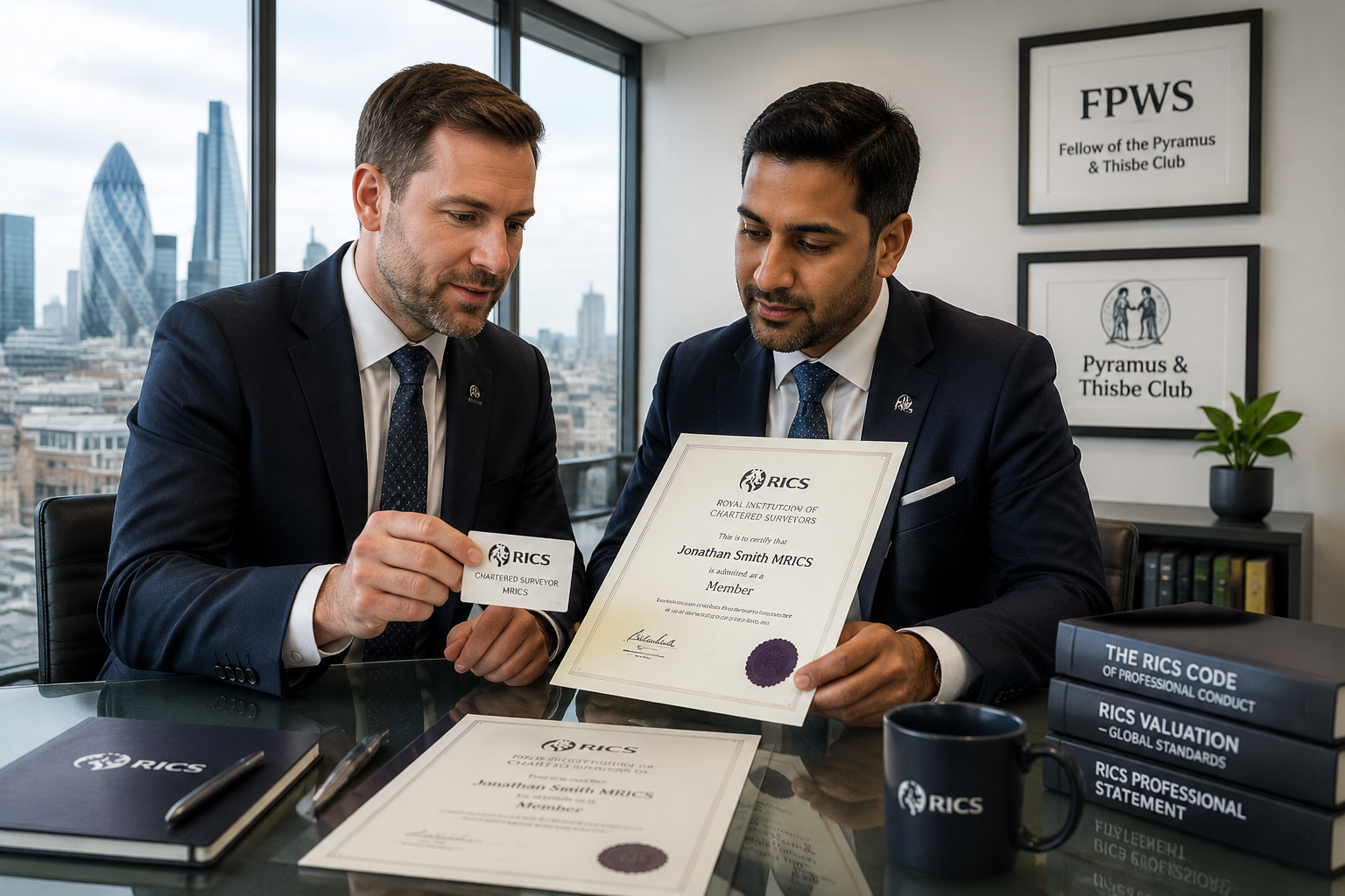 Wide-angle editorial photograph of two professional surveyors in formal attire examining credentials and RICS membership