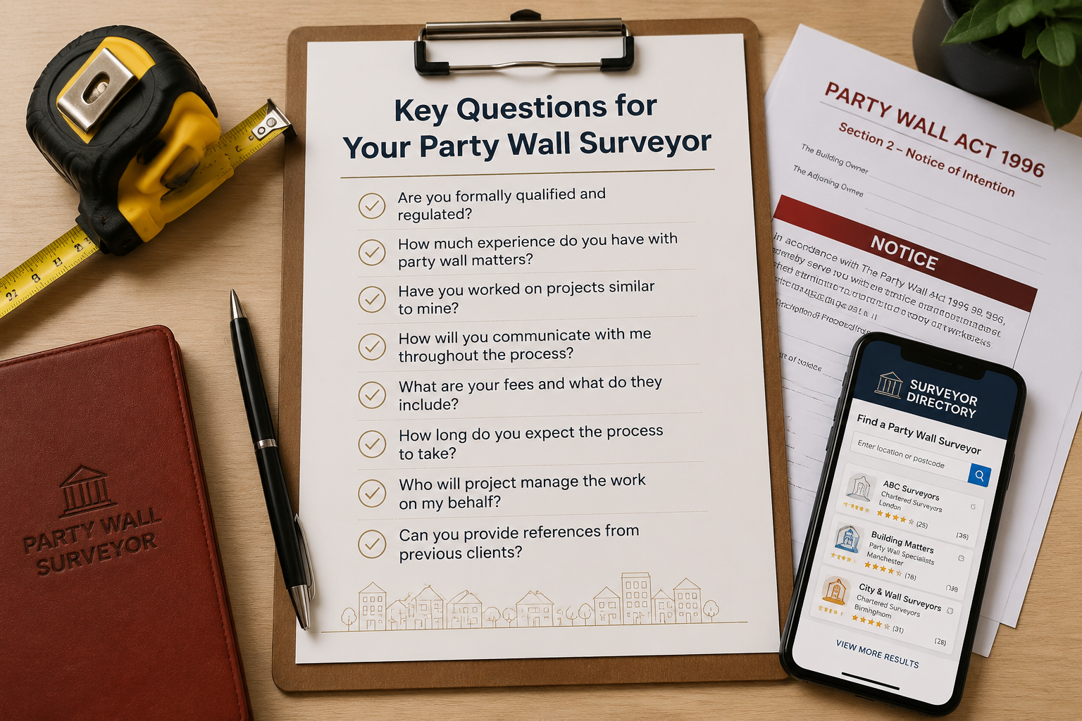 Close-up overhead flat-lay of a clipboard with a checklist titled 'Key Questions for Your Party Wall Surveyor', surrounded