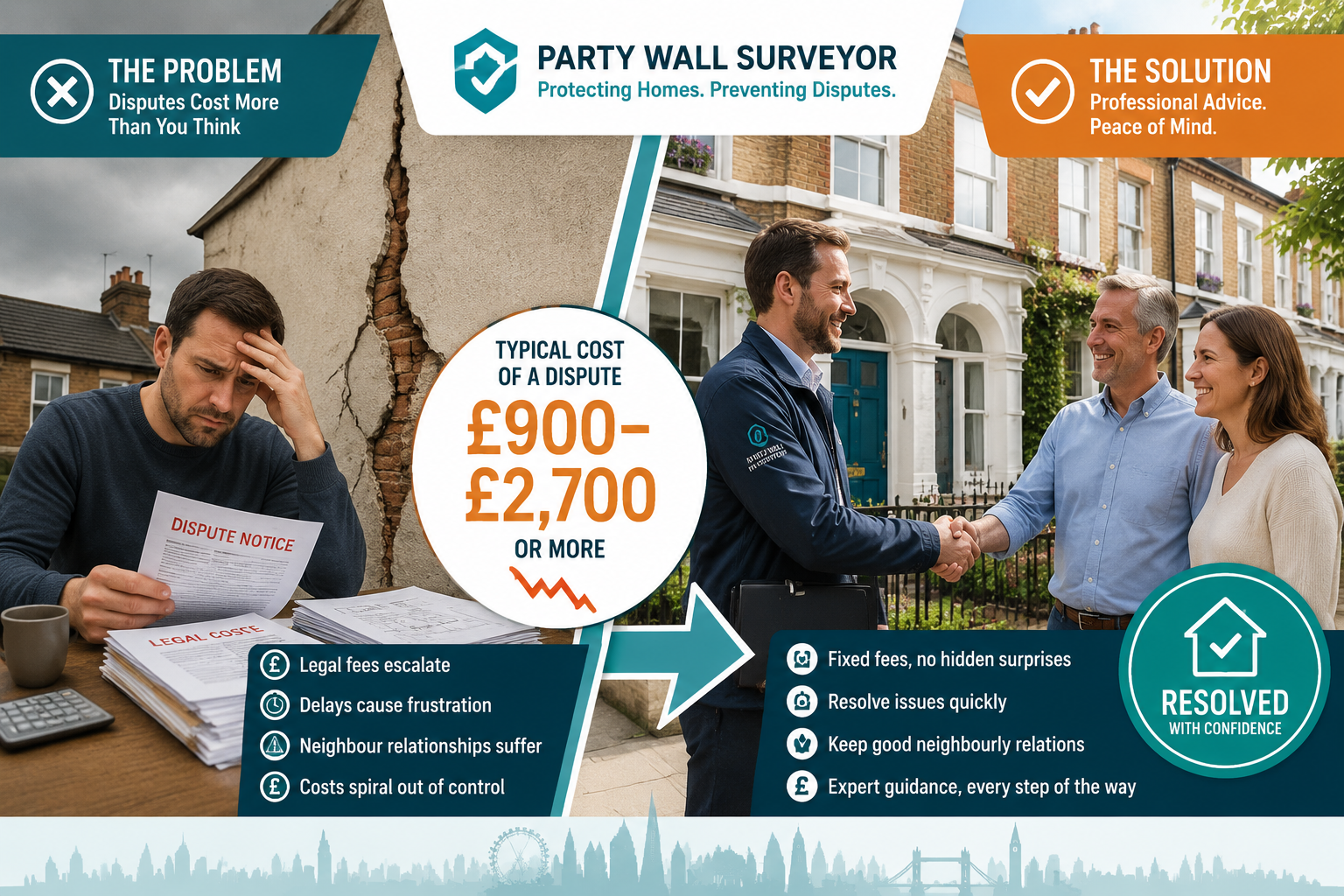 Infographic-style editorial image showing a split-scene comparison: on the left, a stressed homeowner facing a cracked party