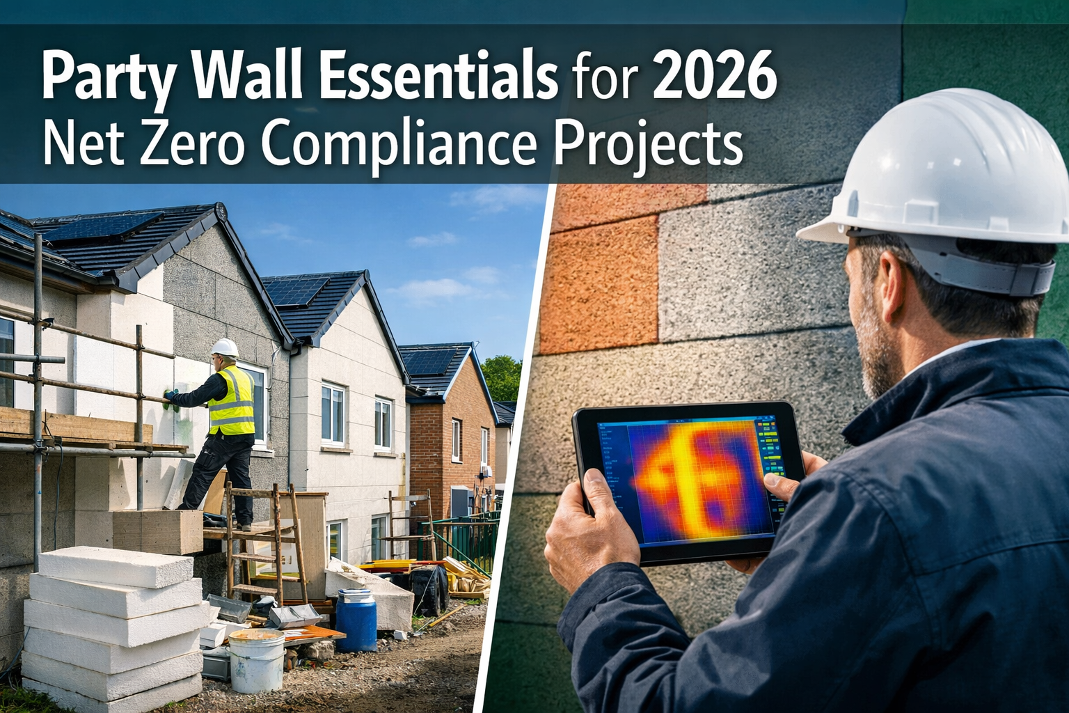 Professional () editorial hero image featuring 'Party Wall Essentials for 2026 Net Zero Compliance Projects' in extra large