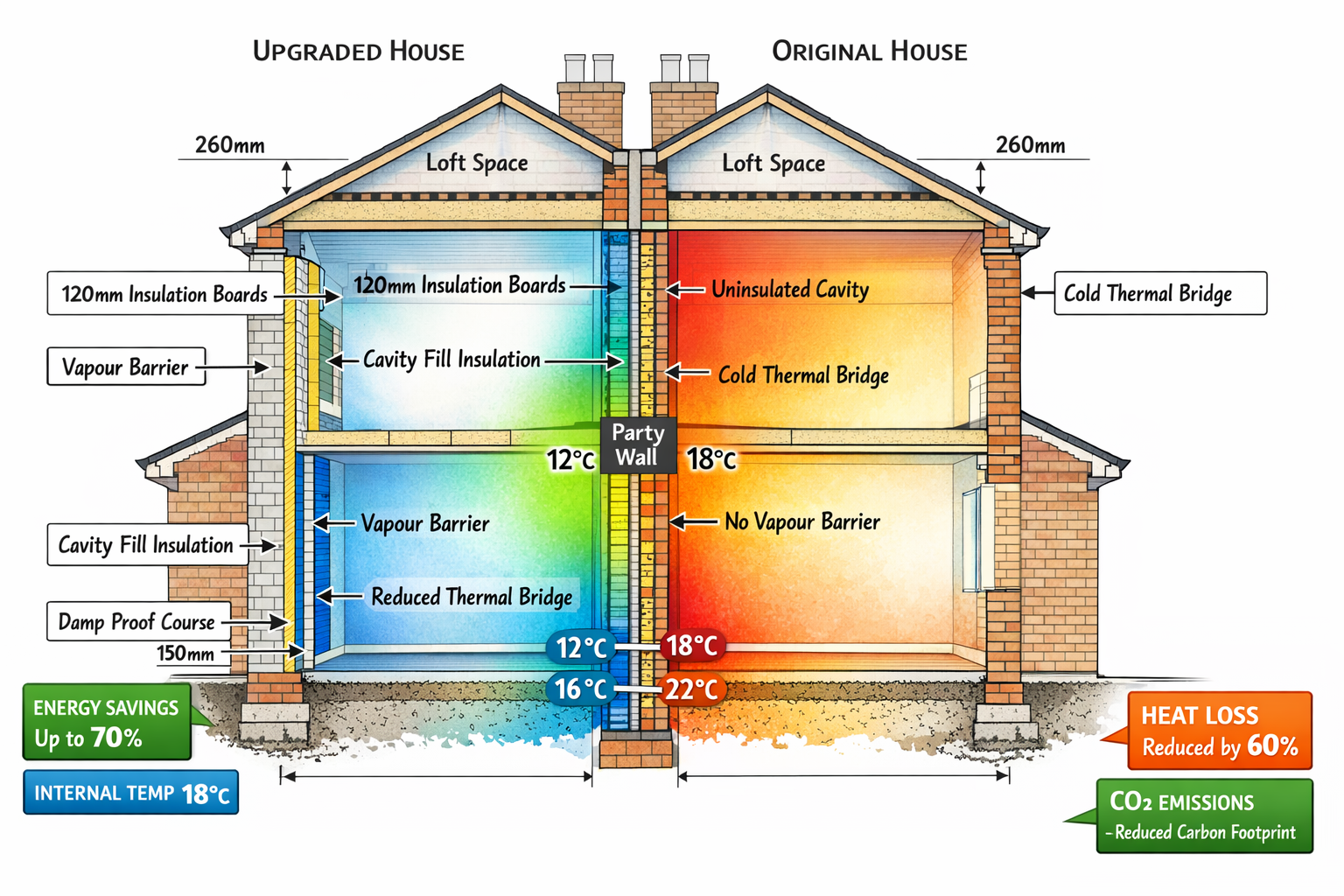() technical illustration showing cross-section cutaway view of shared party wall between two Victorian terraced houses