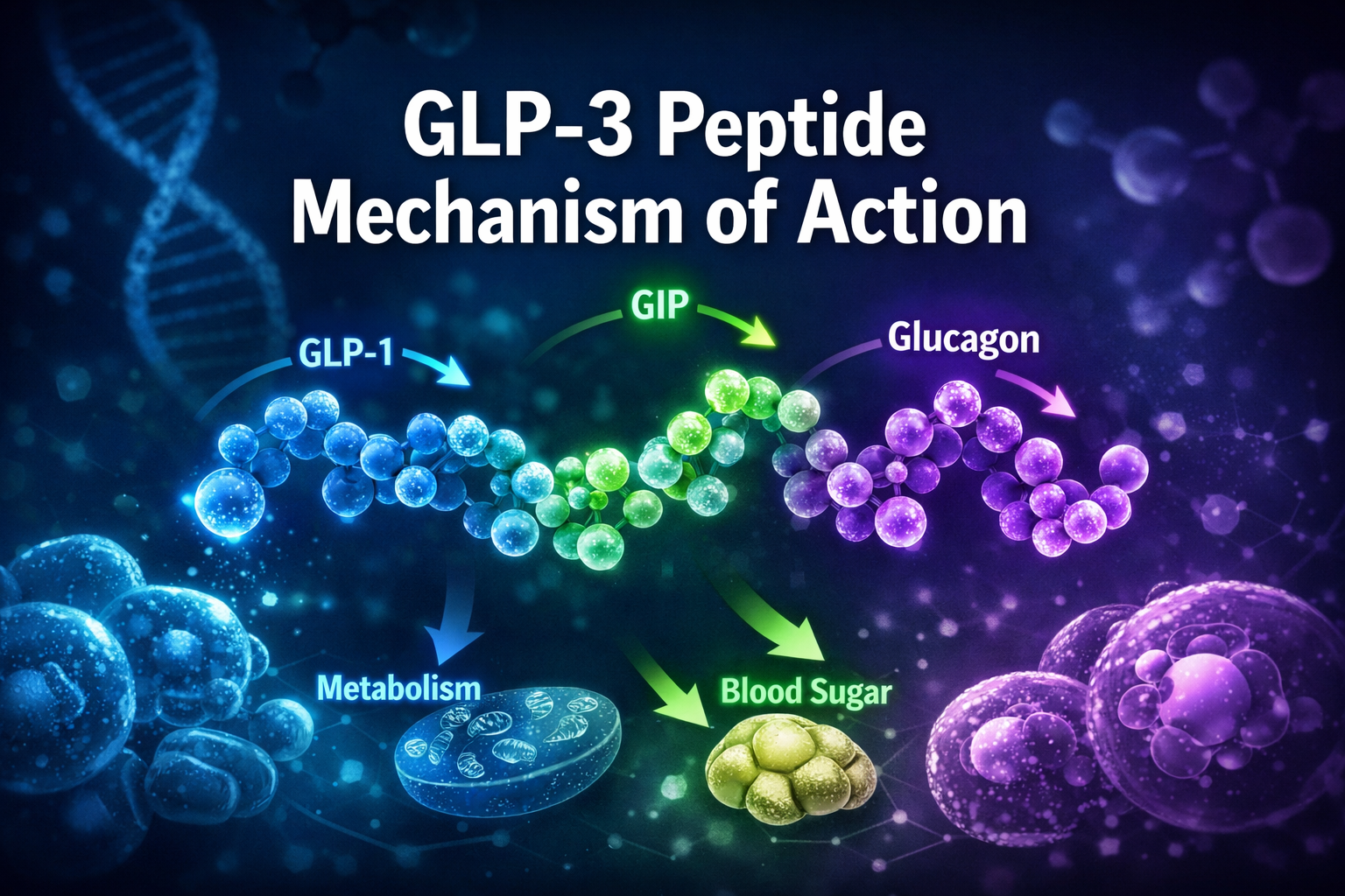 Professional landscape format (1536x1024) hero image featuring bold text overlay 'GLP-3 Peptide Mechanism of Action' in extra large 72pt whi