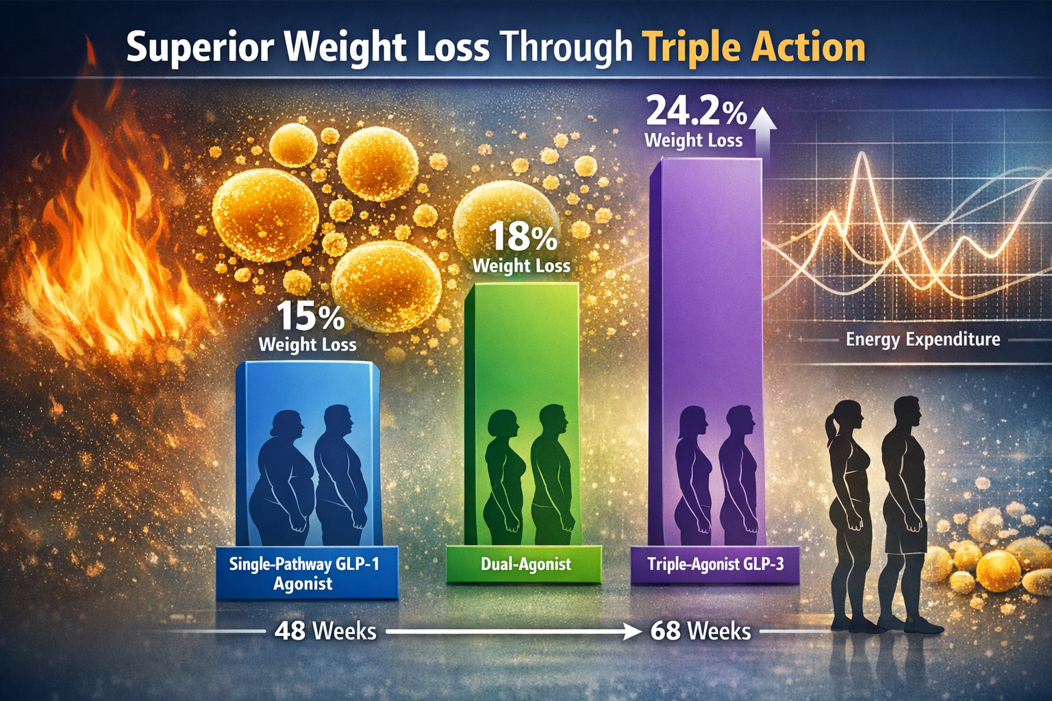 Landscape format (1536x1024) infographic-style comparison chart showing weight loss results with three vertical bars: single-pathway GLP-1 a