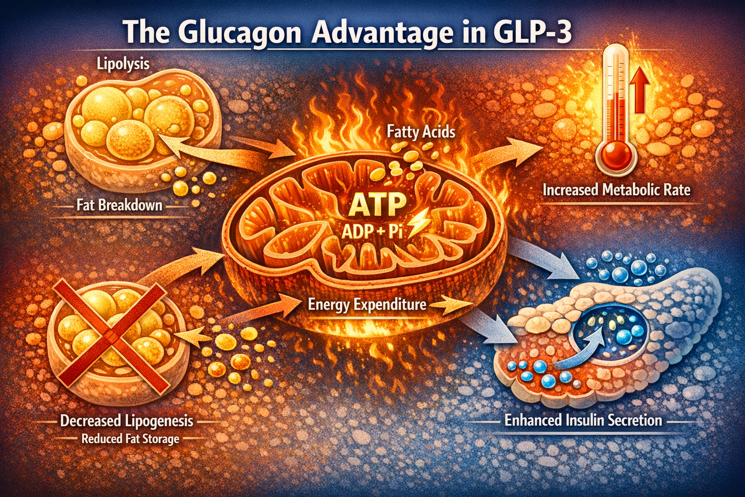Landscape format (1536x1024) detailed mechanism diagram showing how glucagon receptor agonism increases energy expenditure and fat breakdown