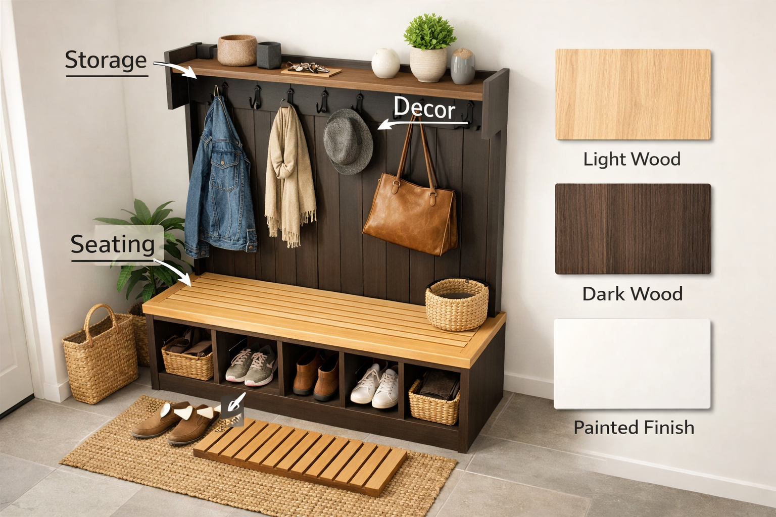 Detailed () image showcasing a customizable 3D rendering of a modular entryway organizer system. The render highlights