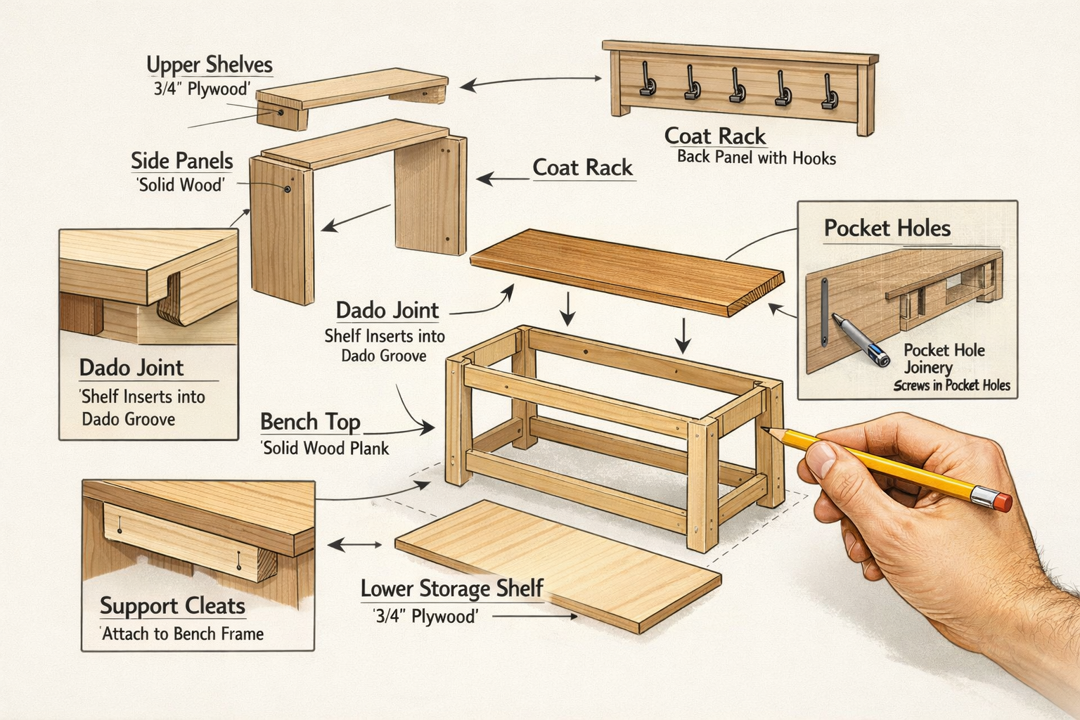 Detailed () image presenting a step-by-step schematic or exploded view diagram of a DIY entryway organizer project. The