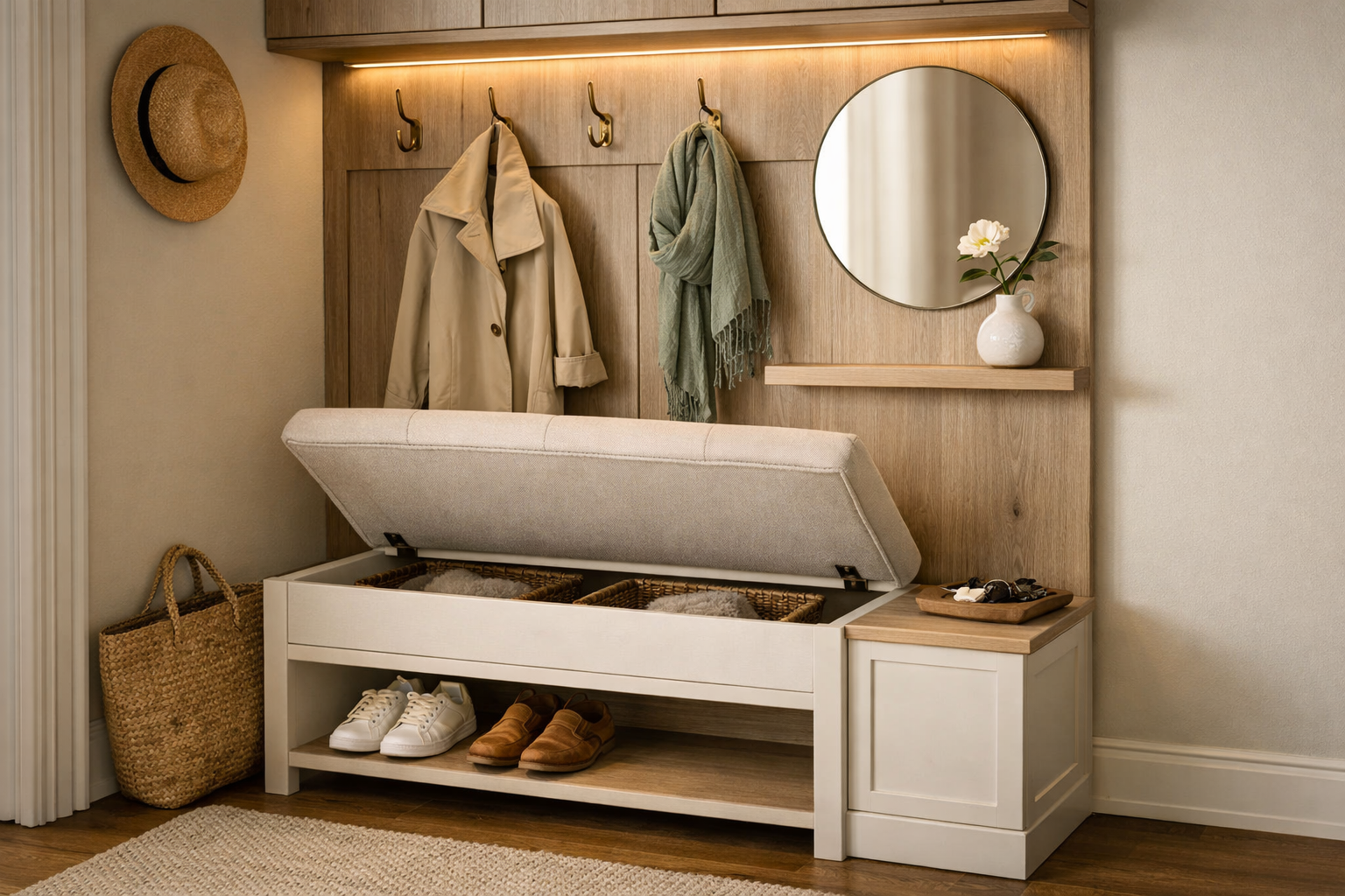 Detailed () image featuring a beautifully styled, finished entryway organizer in a small, a small mirror, and a minimalist