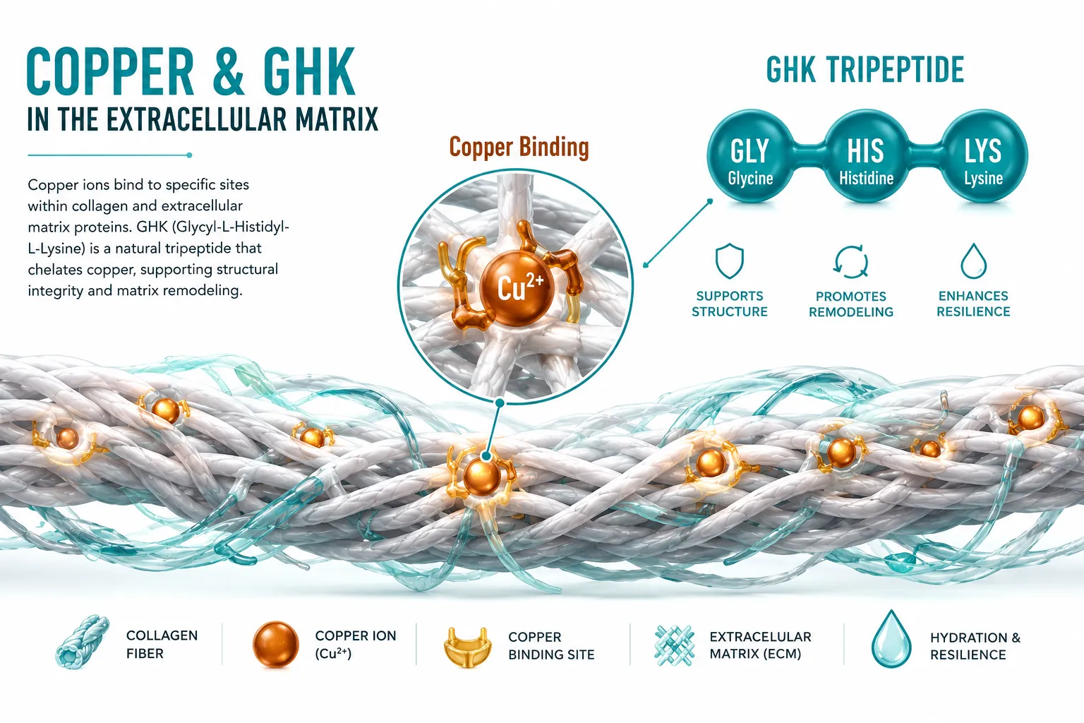 Bright editorial infographic-style landscape (): cross-section diagram of extracellular matrix collagen fibers with copper