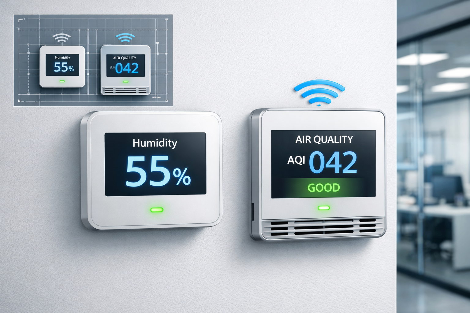 Detailed () image showing close-up of modern IoT environmental sensors mounted on commercial building wall with visible LED