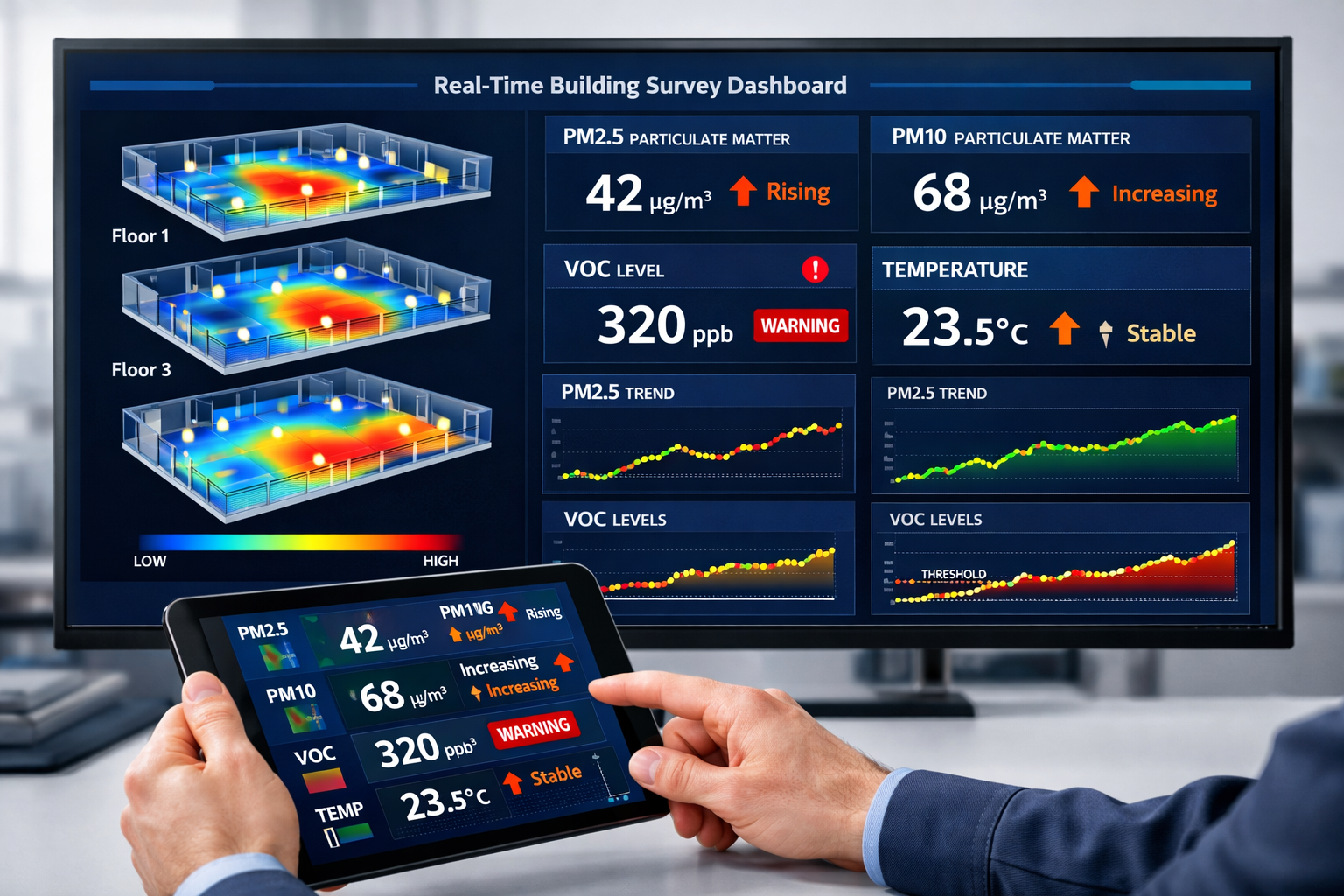 Comprehensive () infographic-style visualization displaying real-time building survey dashboard on large monitor screen,