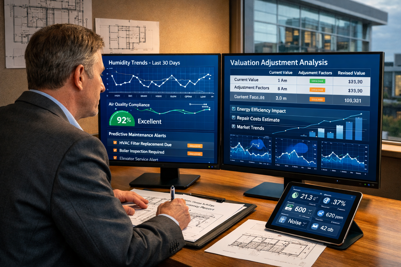 Detailed () image showing professional building valuation scenario with chartered surveyor reviewing comprehensive sensor