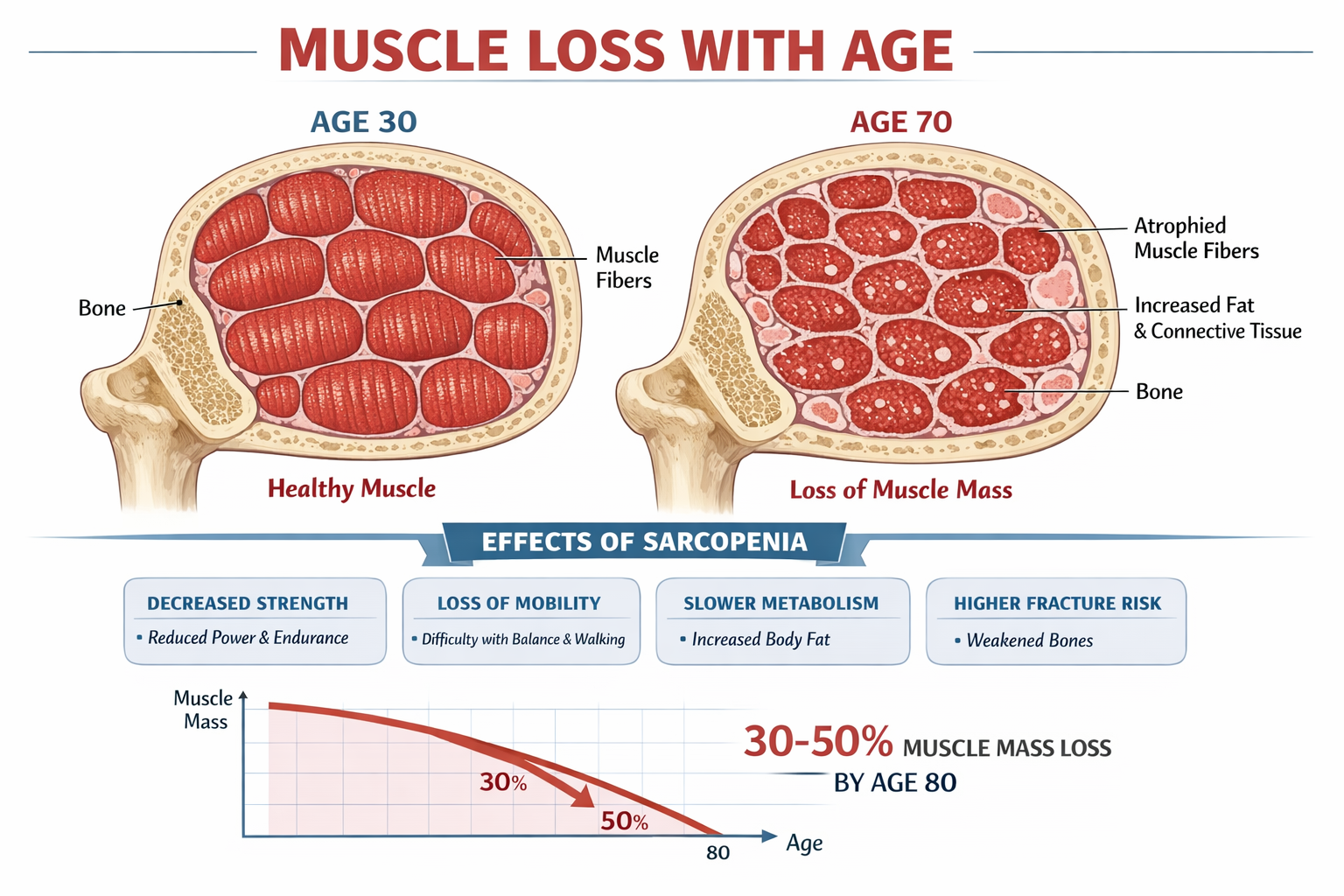 Detailed educational infographic (1536x1024) showing muscle loss progression with age, featuring side-by-side comparison of muscle tissue cr