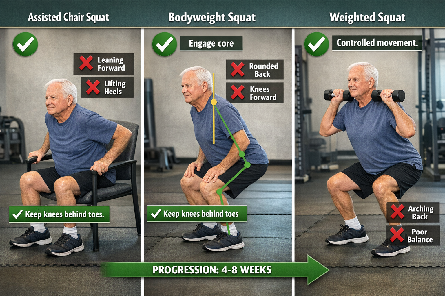 Step-by-step progression safety guide (1536x1024) showing three-stage visual sequence of senior man in his 70s demonstrating proper squat fo