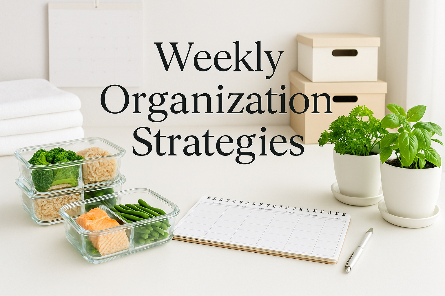 Productivity and organization themed image (1536x1024) displaying meal prep containers, organized workspace, clean laundry, tidy home enviro