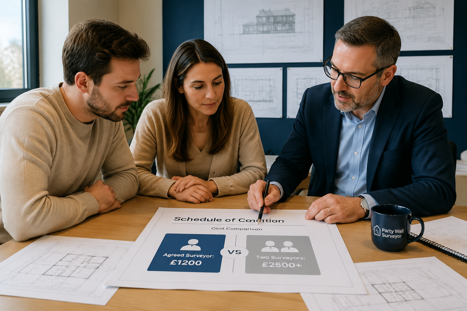 Wide-angle () showing two property owners and a single agreed party wall surveyor sitting across a table reviewing a