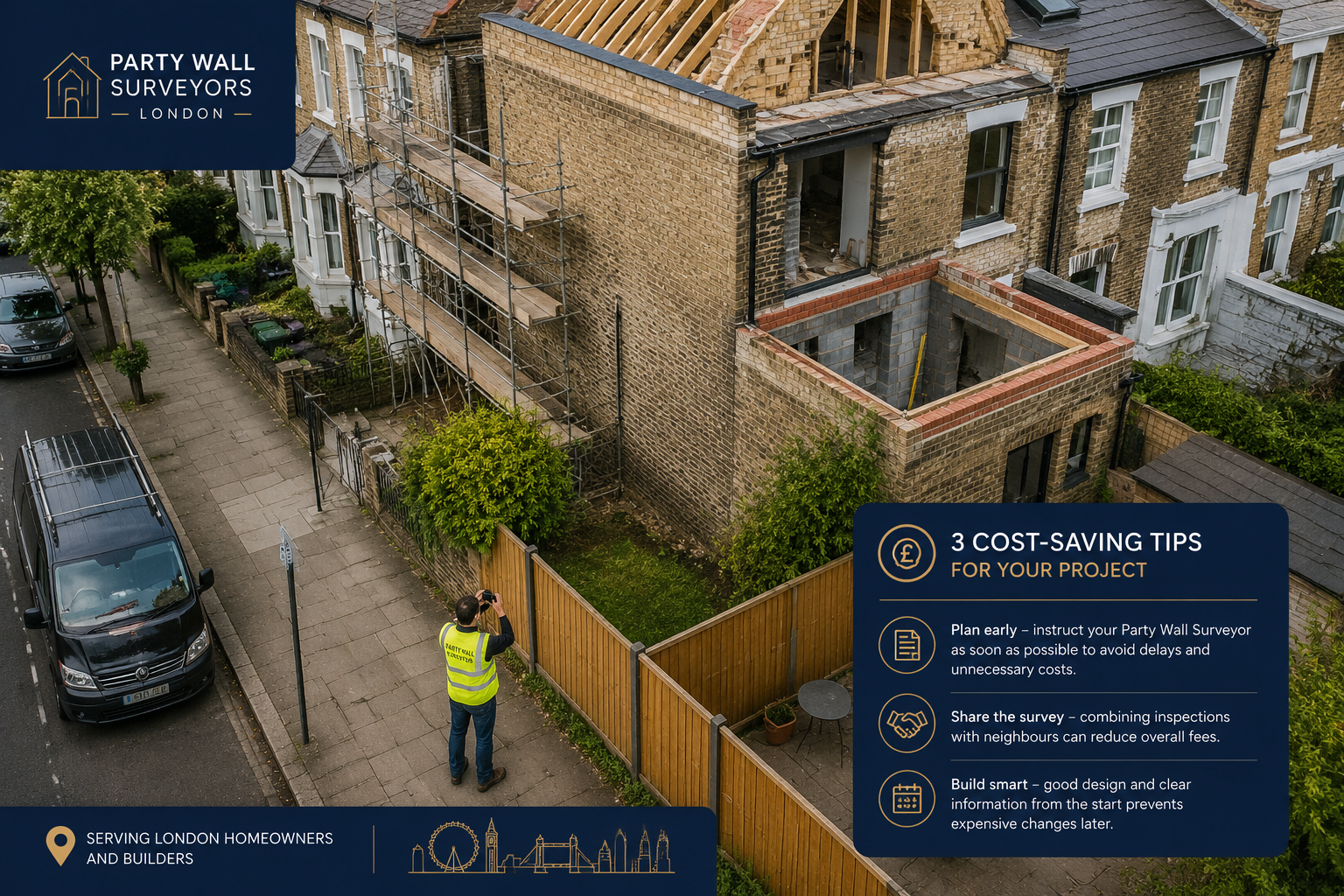 Overhead bird's-eye () showing a London residential street with terraced houses undergoing loft conversion and rear