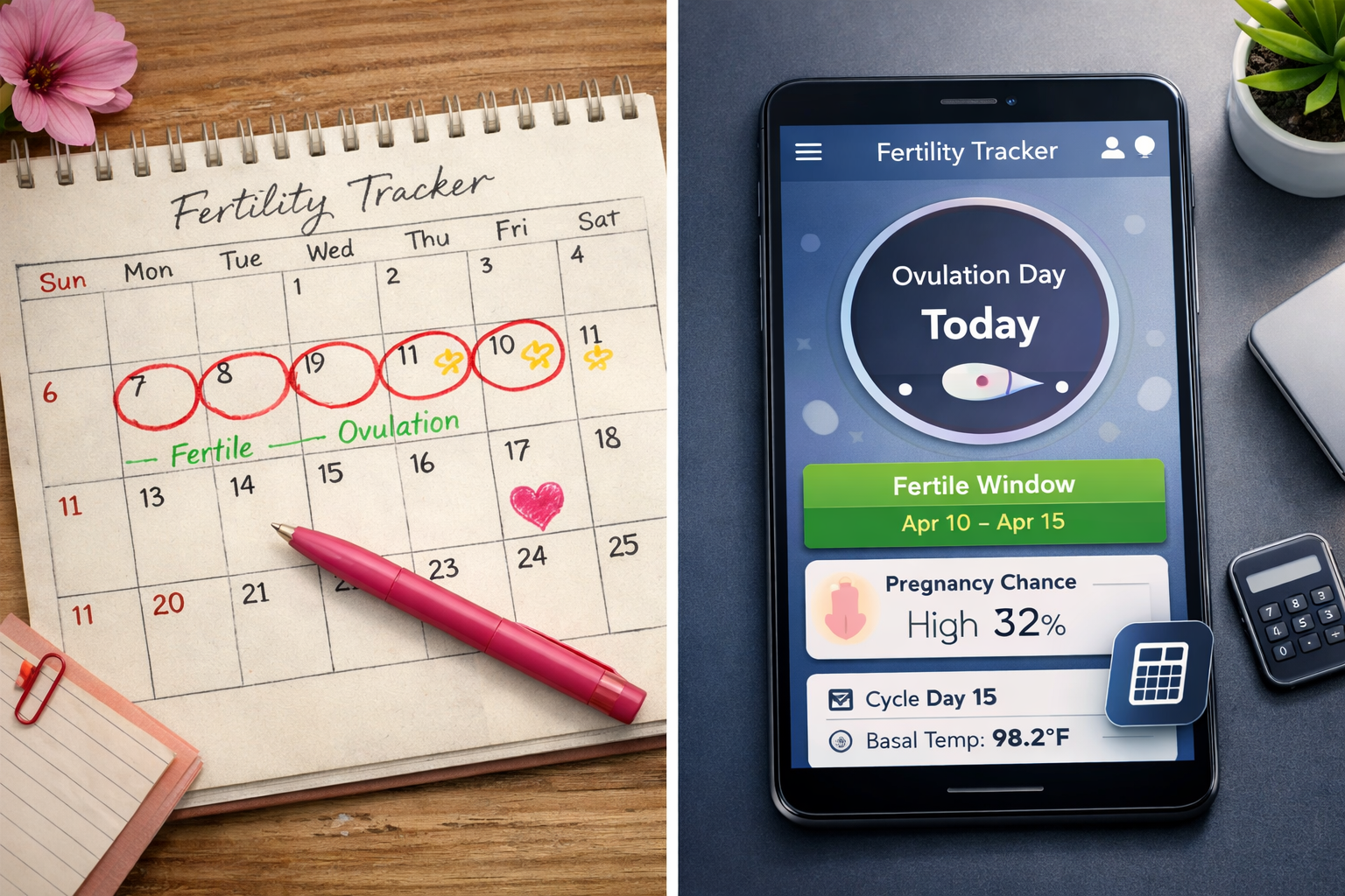 () image depicting a split screen or side-by-side comparison of a traditional pen-and-paper fertility tracker (calendar with
