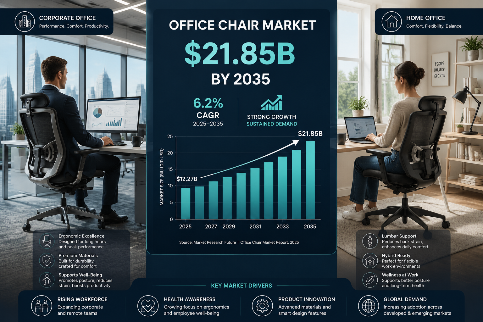 Office Chair Market Forecast 2035 Wide-angle landscape format (1536x1024) editorial infographic showing a split-scene: left side depicts a professional in a corporate office on a premium ergonomic chair, right side shows a home office worker in a hybrid setup with a lumbar-support chair. Center overlay features a bold upward bar chart labeled 'Office Chair Market $21.85B by 2035' with percentage growth indicators in teal and white. Clean data-visualization aesthetic, professional business magazine style, navy and white color scheme.
