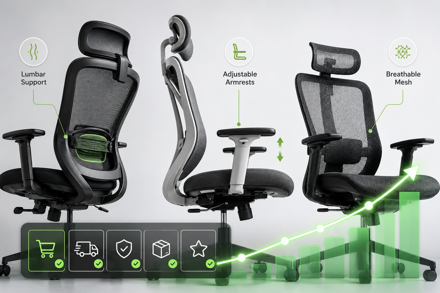 Office Chair Market Forecast 2035 Landscape format (1536x1024) close-up product-focused editorial image showing three distinct premium ergonomic office chairs arranged in a row on a minimalist white studio background, each chair labeled with key features: 'Lumbar Support', 'Adjustable Armrests', 'Breathable Mesh'. Foreground overlay shows e-commerce icons and a rising sales trend line. Background has a soft gradient from light grey to white. Color accents in green and charcoal. Sharp product photography style, high-end retail catalog aesthetic. The Ergonomics Premium: Demand Drivers and Design Trends