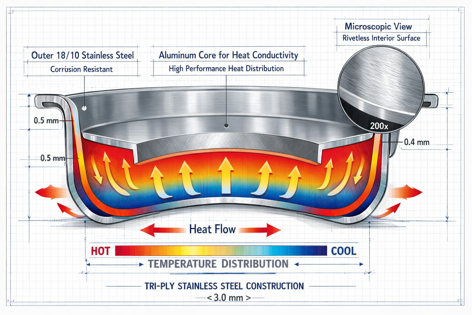 Detailed landscape format (1536x1024) technical diagram showing cross-section of tri-ply stainless steel construction with three distinct la