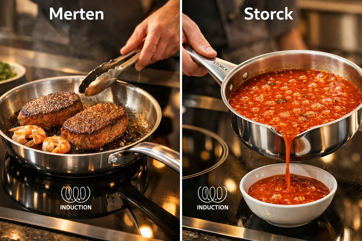 Landscape format (1536x1024) split-screen comparison image showing Merten and Storck cookware in action: left side displays searing techniqu