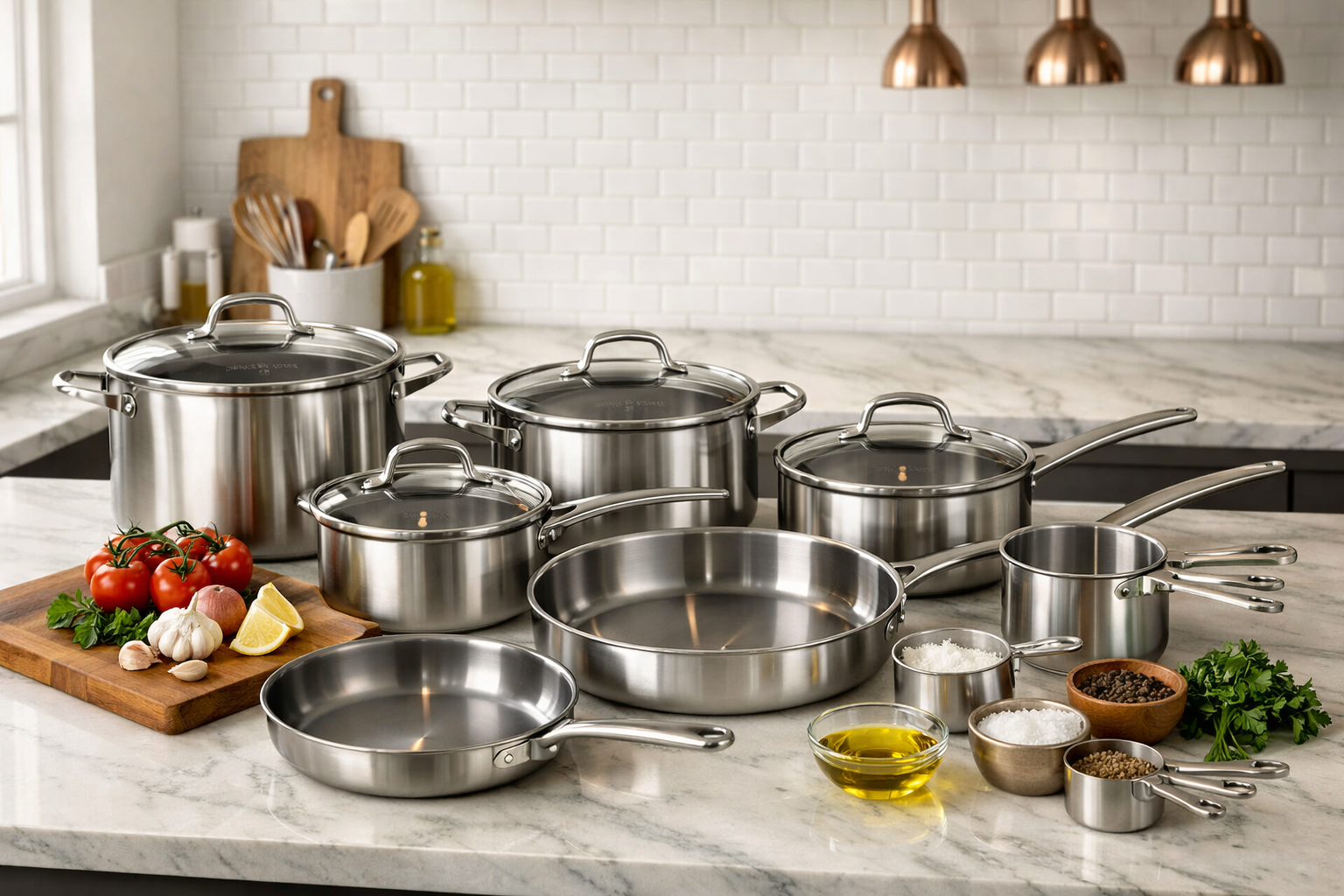 Landscape format (1536x1024) lifestyle photography featuring complete Merten and Storck stainless steel cookware set arranged on modern kitc