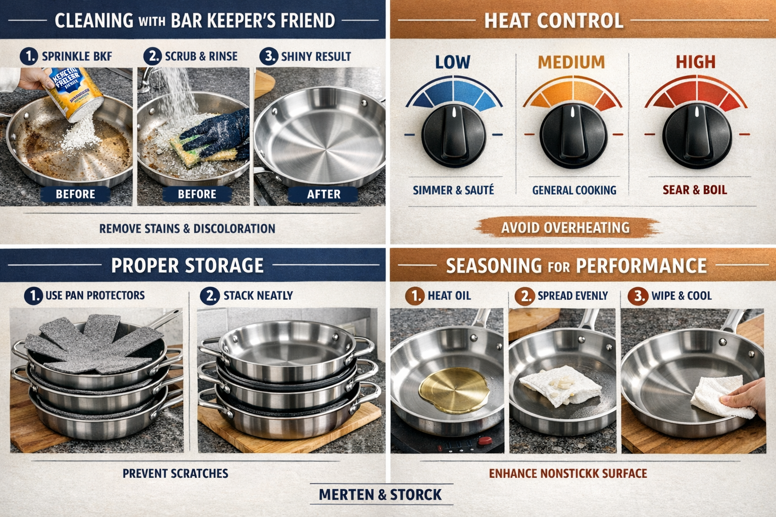 Landscape format (1536x1024) infographic-style image demonstrating proper stainless steel cookware care and maintenance: four quadrants show