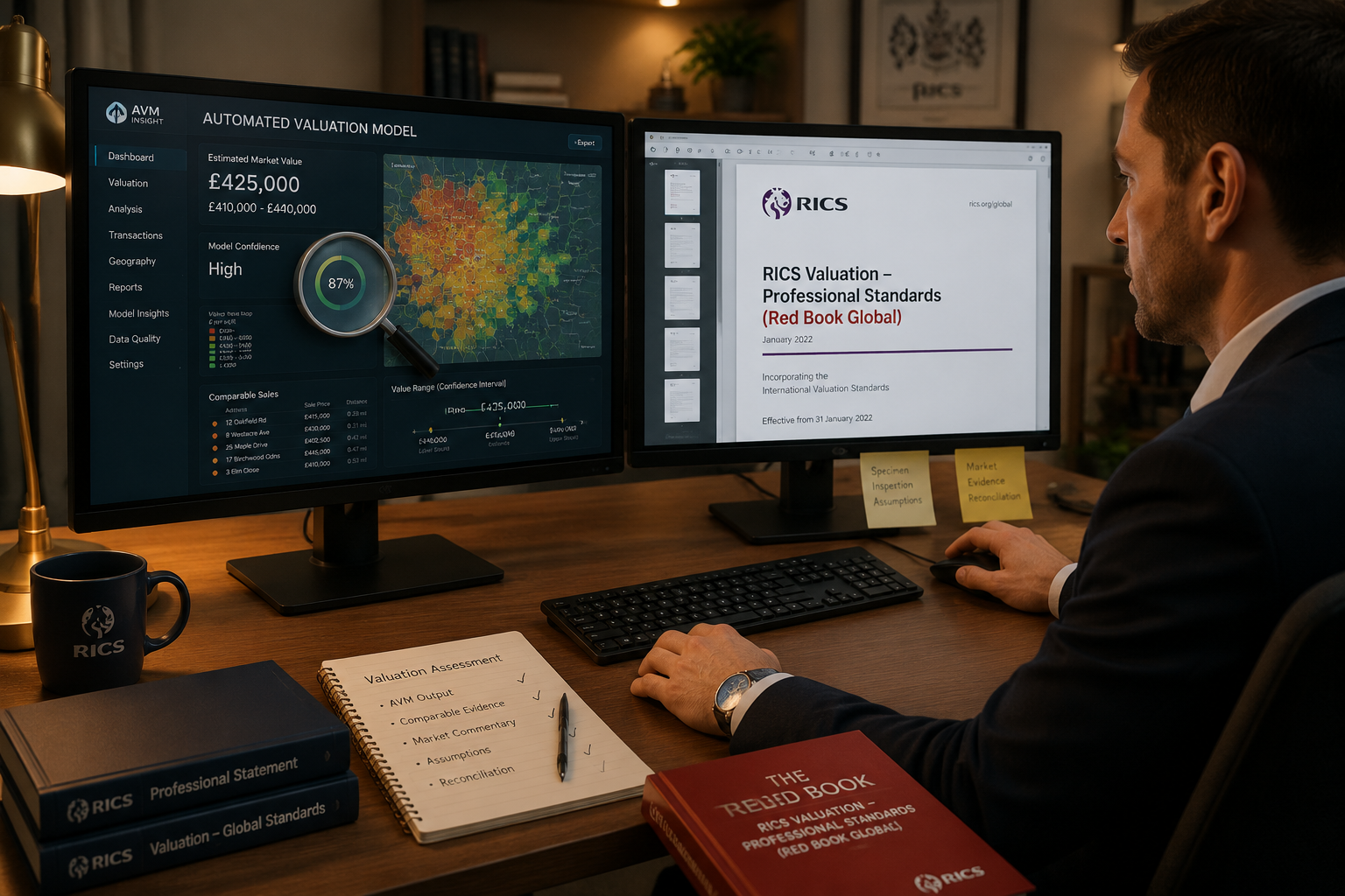 () editorial illustration showing a UK chartered surveyor at a desk with dual monitors: one screen displays an AVM automated