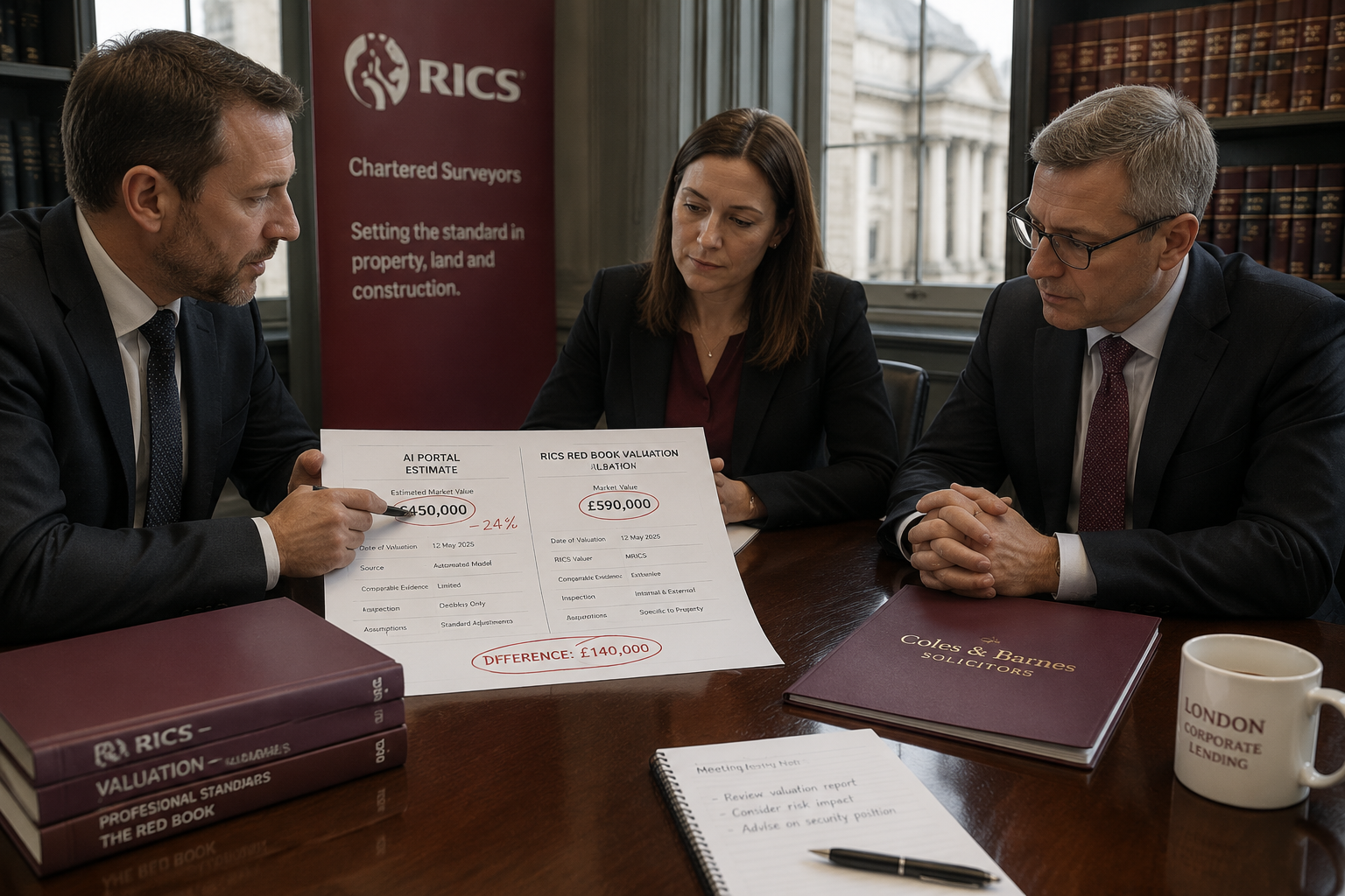() courtroom-adjacent professional scene showing a chartered surveyor presenting printed valuation evidence on a conference