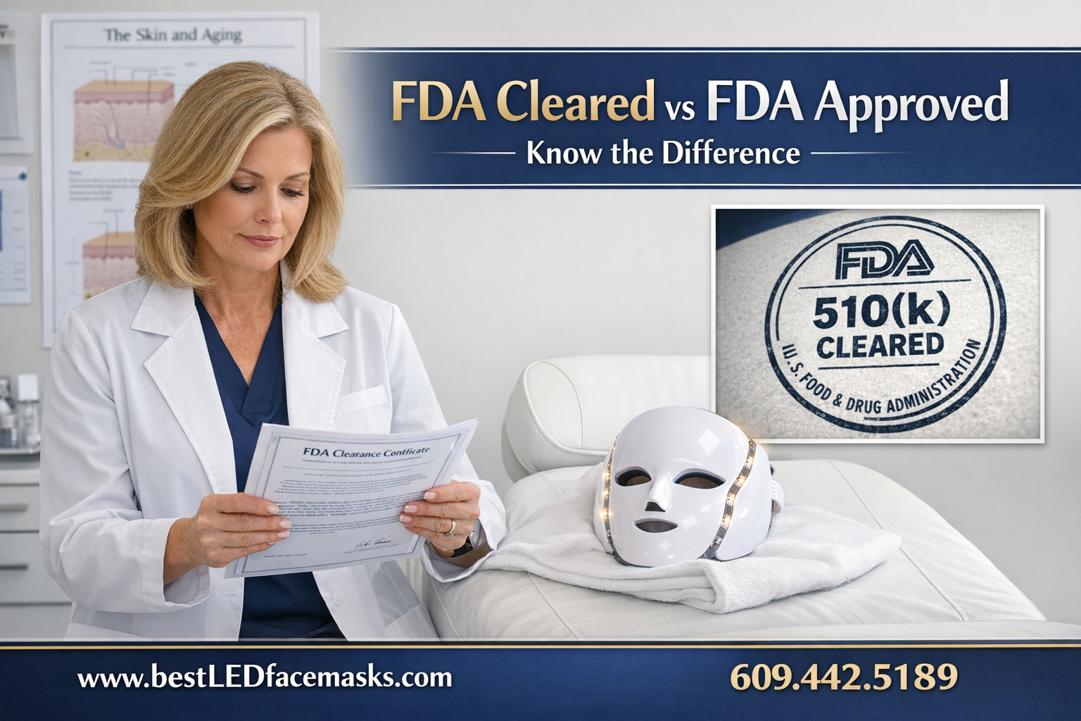 () showing a dermatologist in a white coat reviewing an FDA clearance certificate document next to an LED face mask on a