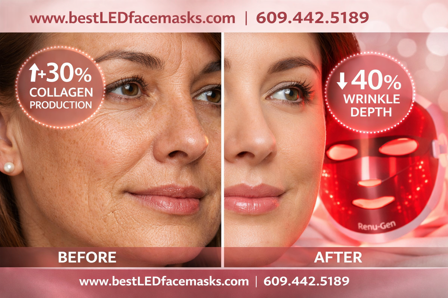 () showing a before-and-after skin comparison panel: left side shows skin with visible fine lines and uneven tone; right