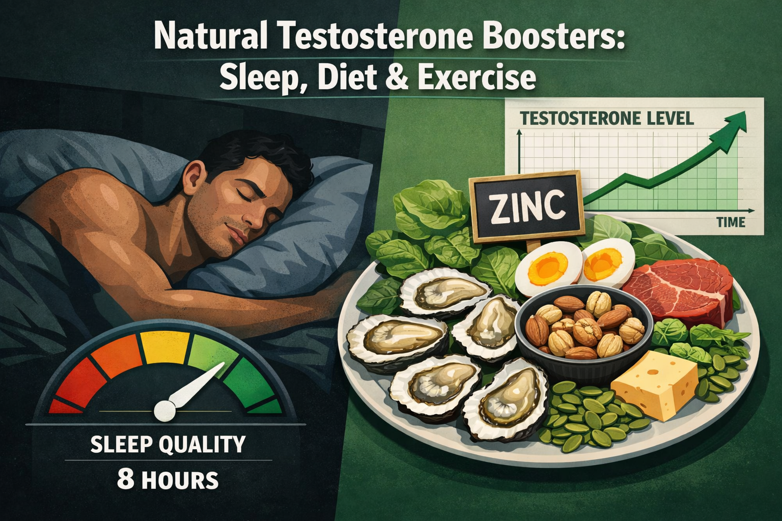 Digital illustration, graphic design style, Detailed landscape format (1536x1024) infographic-style editorial image showing a split-panel composition: left side displays a muscular man sleeping deeply in a dark bedroom with a sleep quality meter graphic overlay showing 8 hours, right side shows a colorful nutrition plate with zinc-rich foods like oysters, eggs, nuts and leafy greens alongside a testosterone level graph trending upward. Bold label text 'Natural Testosterone Boosters: Sleep, Diet & Exercise' overlaid in white sans-serif. Deep green and charcoal color palette, clean clinical-editorial style, high resolution.