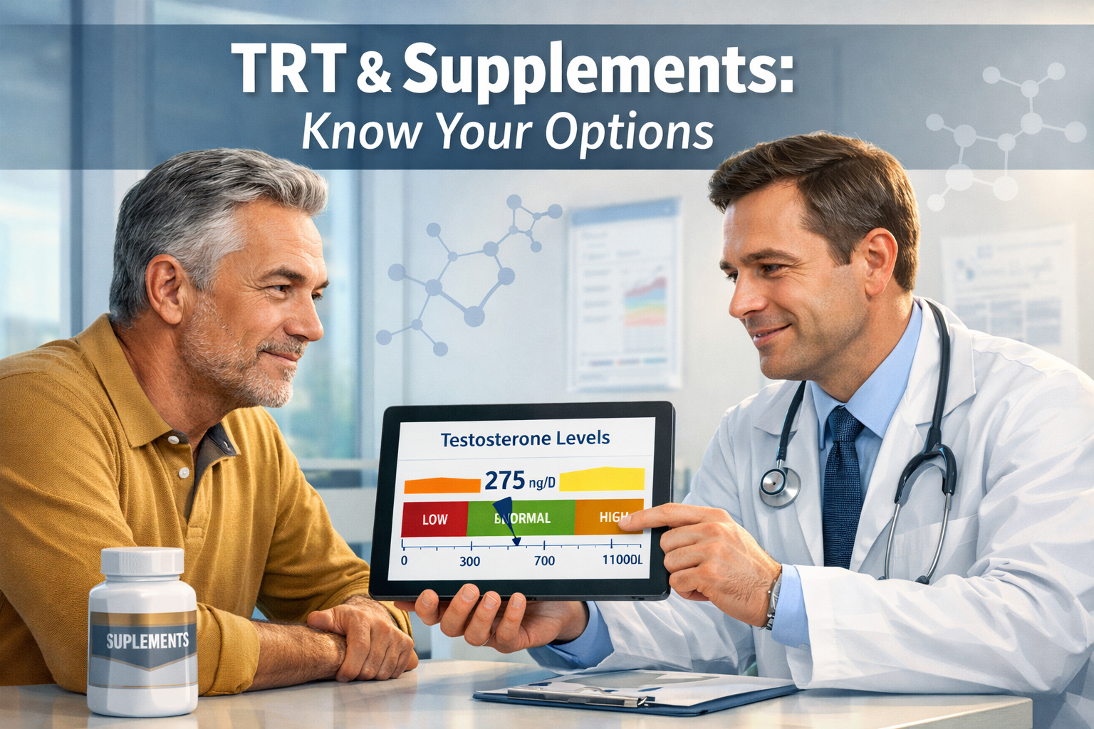 Digital illustration, graphic design style, Detailed landscape format (1536x1024) editorial image showing a confident man in his 50s consulting with a male doctor in a bright modern medical office, both reviewing a testosterone lab results chart on a tablet screen showing ng/dL levels. Background features subtle molecular hormone structure graphics and a supplement bottle on the desk. Text overlay reads 'TRT & Supplements: Know Your Options' in bold white 48pt sans-serif with semi-transparent dark overlay bar. Color palette: clinical white, steel blue, gold accents, professional medical editorial quality.