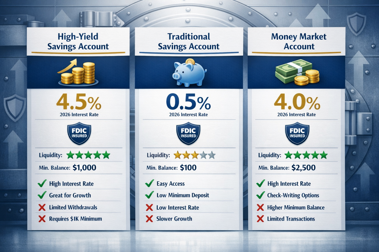 Comprehensive visual diagram (1536x1024) illustrating savings account comparison table with three columns for High-Yield Savings Account, Tr