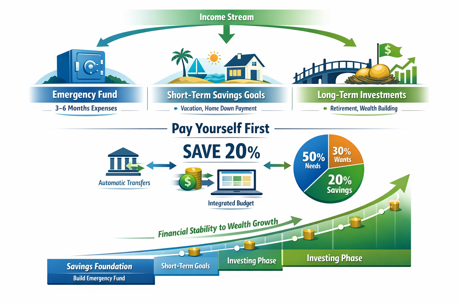 Strategic flowchart illustration (1536x1024) depicting the savings system automation process and wealth building progression. Top section sh