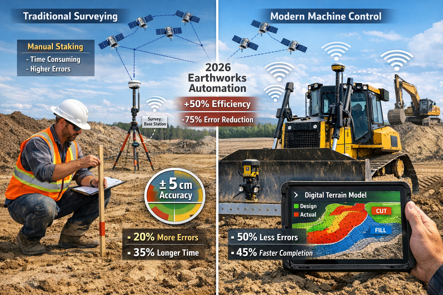 Detailed landscape format (1536x1024) image showing split-screen composition of traditional surveying versus modern machine control integrat