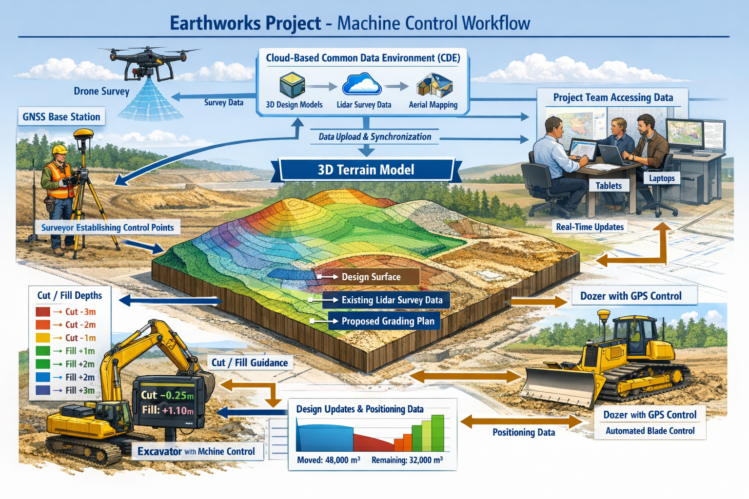 Detailed landscape format (1536x1024) technical diagram showing comprehensive machine control workflow for large-scale property development