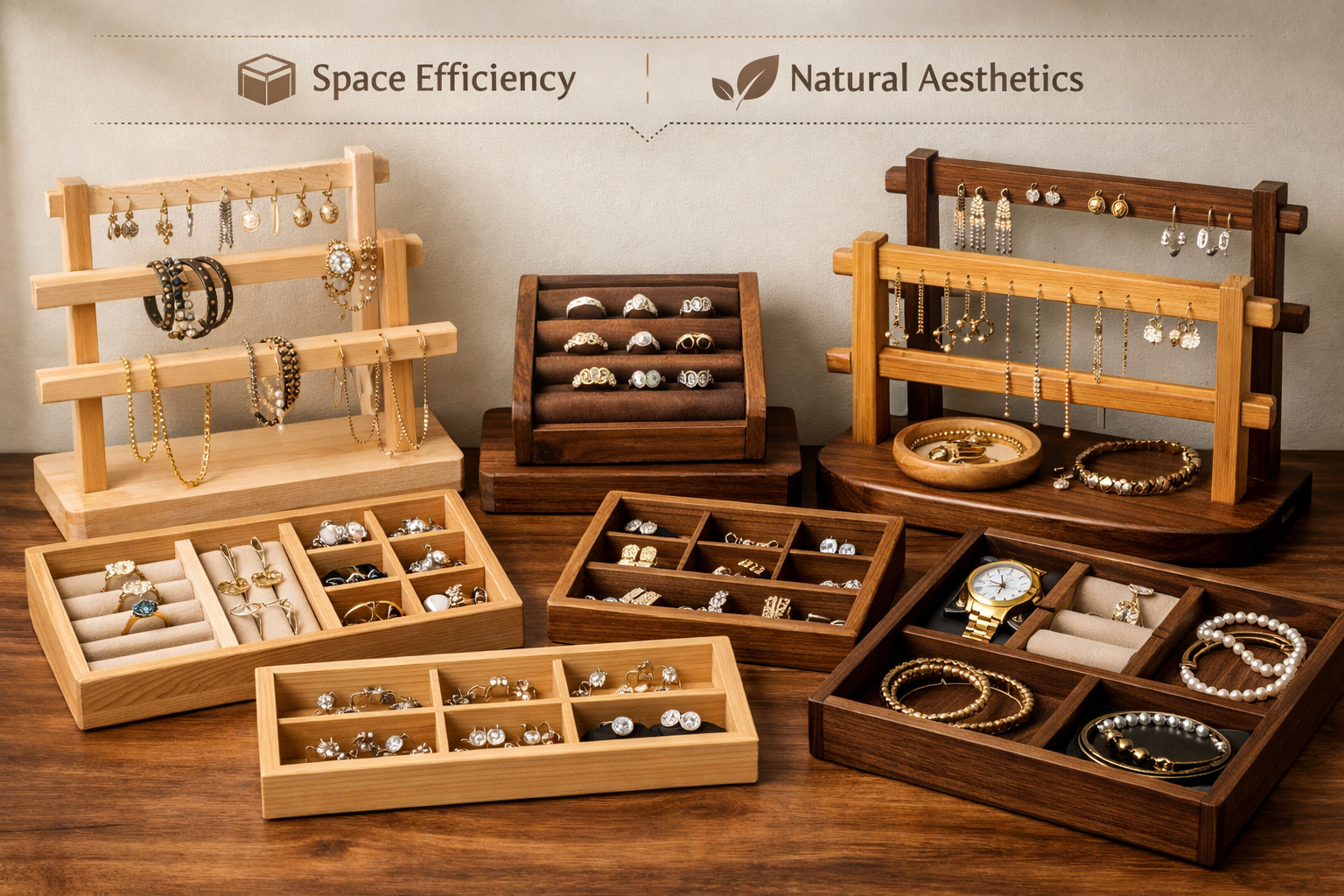 Landscape format (1536x1024) image featuring a diverse collection of wooden jewelry organizers, highlighting both multi-tiered stands in var