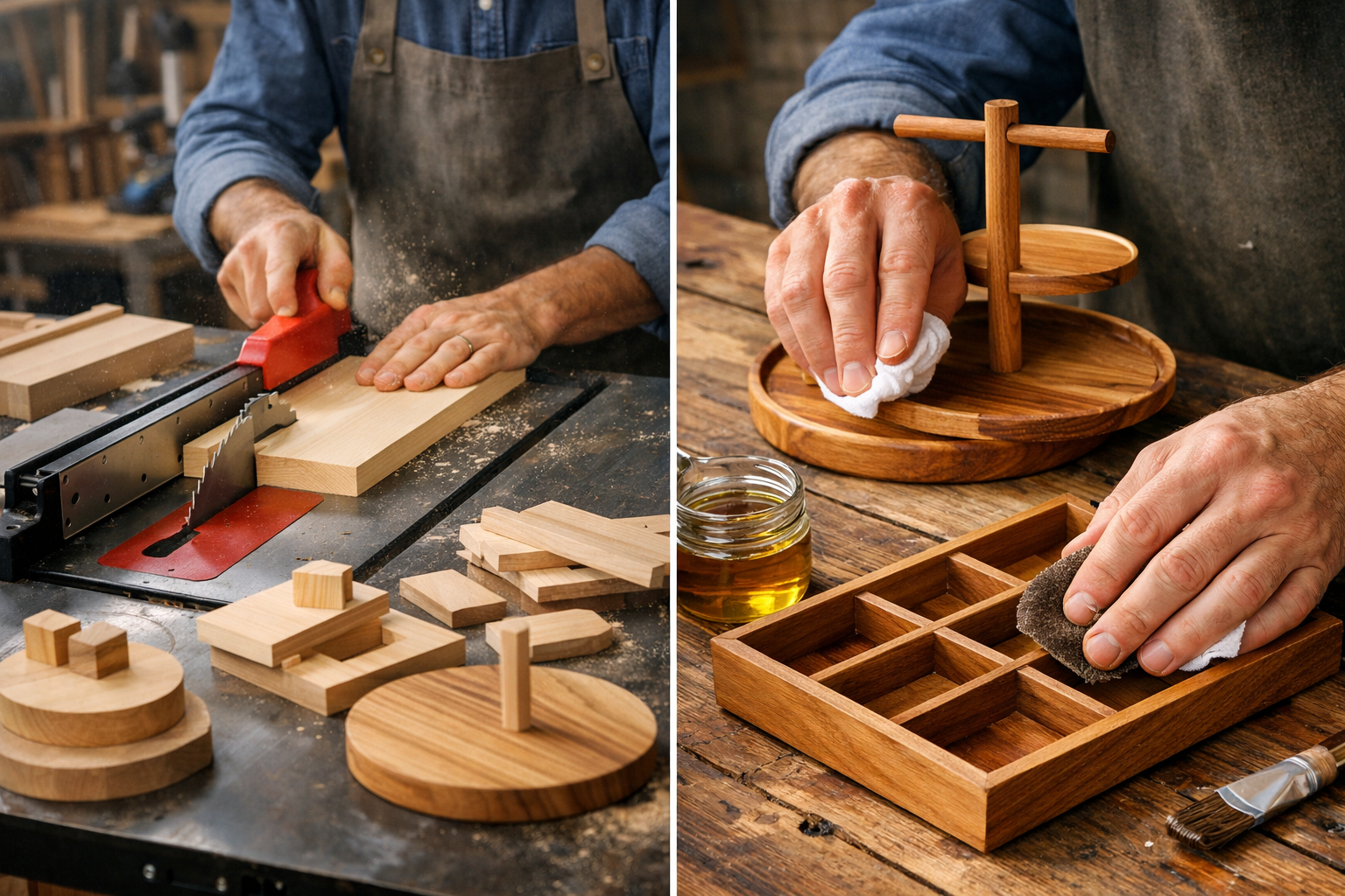 Landscape format (1536x1024) image illustrating the woodworking process for creating wooden jewelry organizers, focusing on precise power to