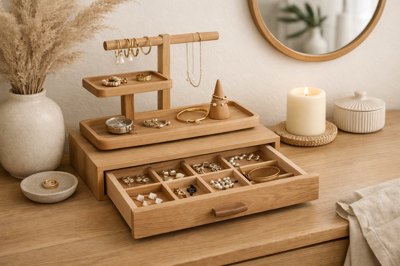 Landscape format (1536x1024) image showcasing a finished wooden jewelry organizer setup within a bedroom or dressing area, perfectly embodyi