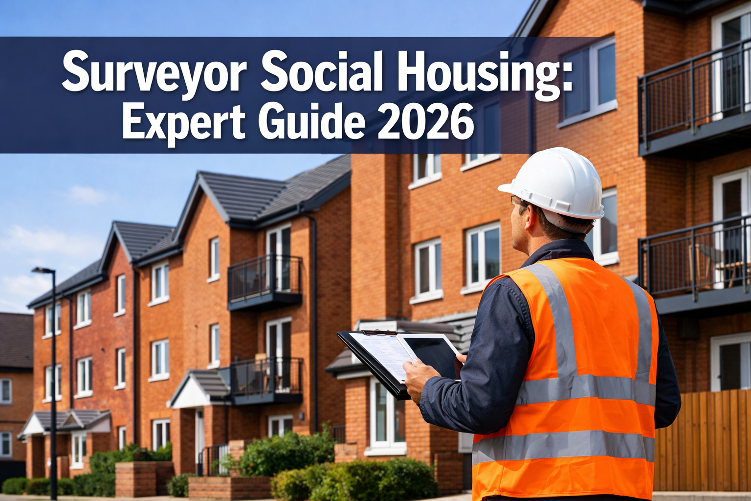 Professional landscape hero image (1536x1024) featuring bold text overlay 'Surveyor Social Housing: Expert Guide 2026' in extra large 72pt w