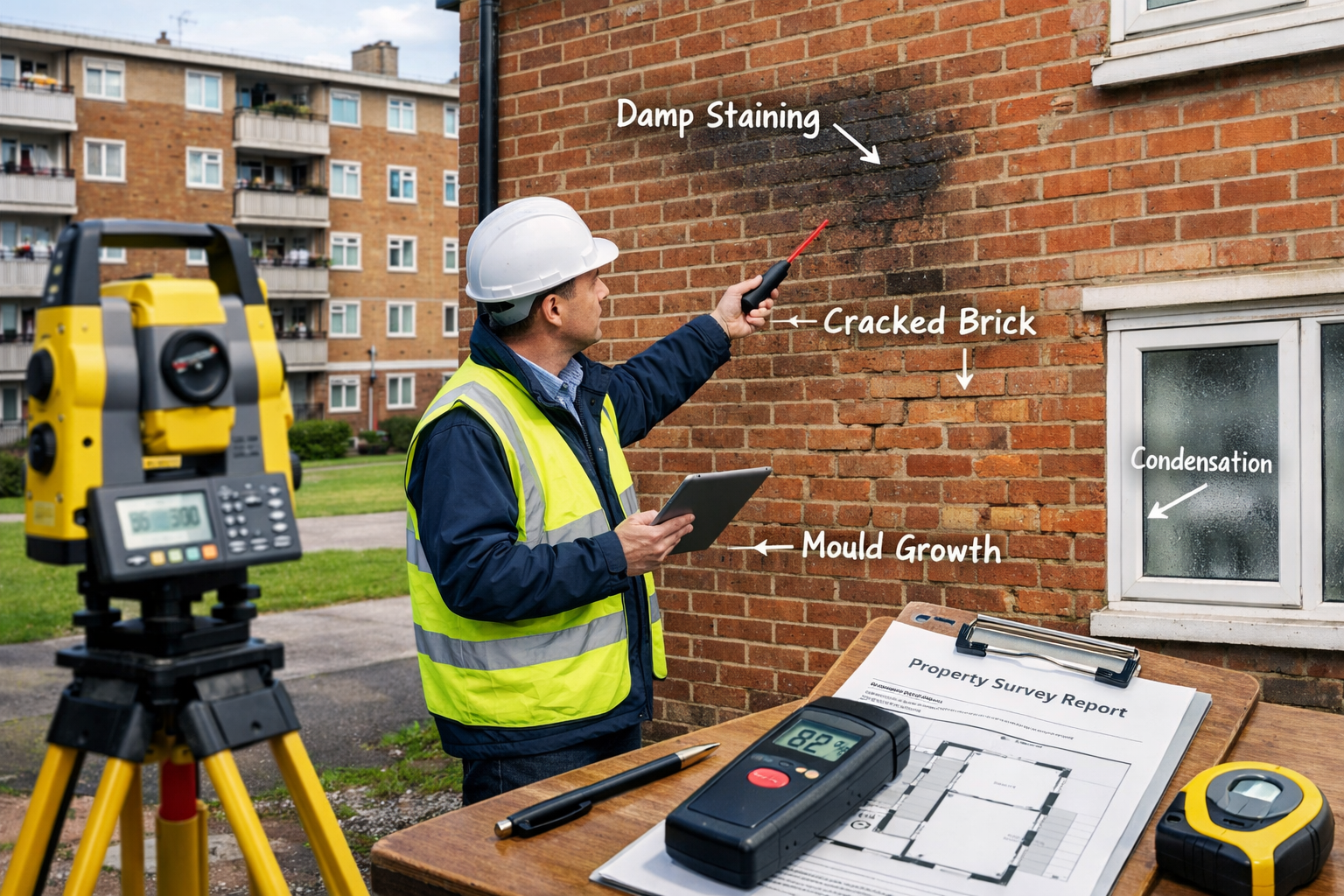 Detailed landscape editorial image (1536x1024) showing professional surveyor conducting building survey at social housing property. Scene in