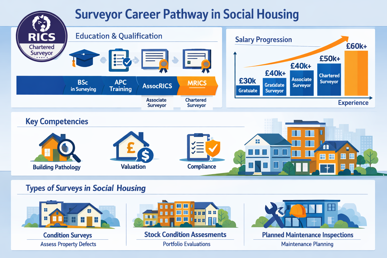 Comprehensive landscape infographic (1536x1024) displaying surveyor qualifications and career pathway in social housing sector. Visual eleme