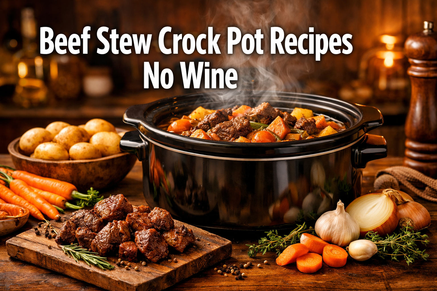 Professional landscape hero image (1536x1024) featuring bold text overlay 'Beef Stew Crock Pot Recipes No Wine' in extra large 72pt white sa
