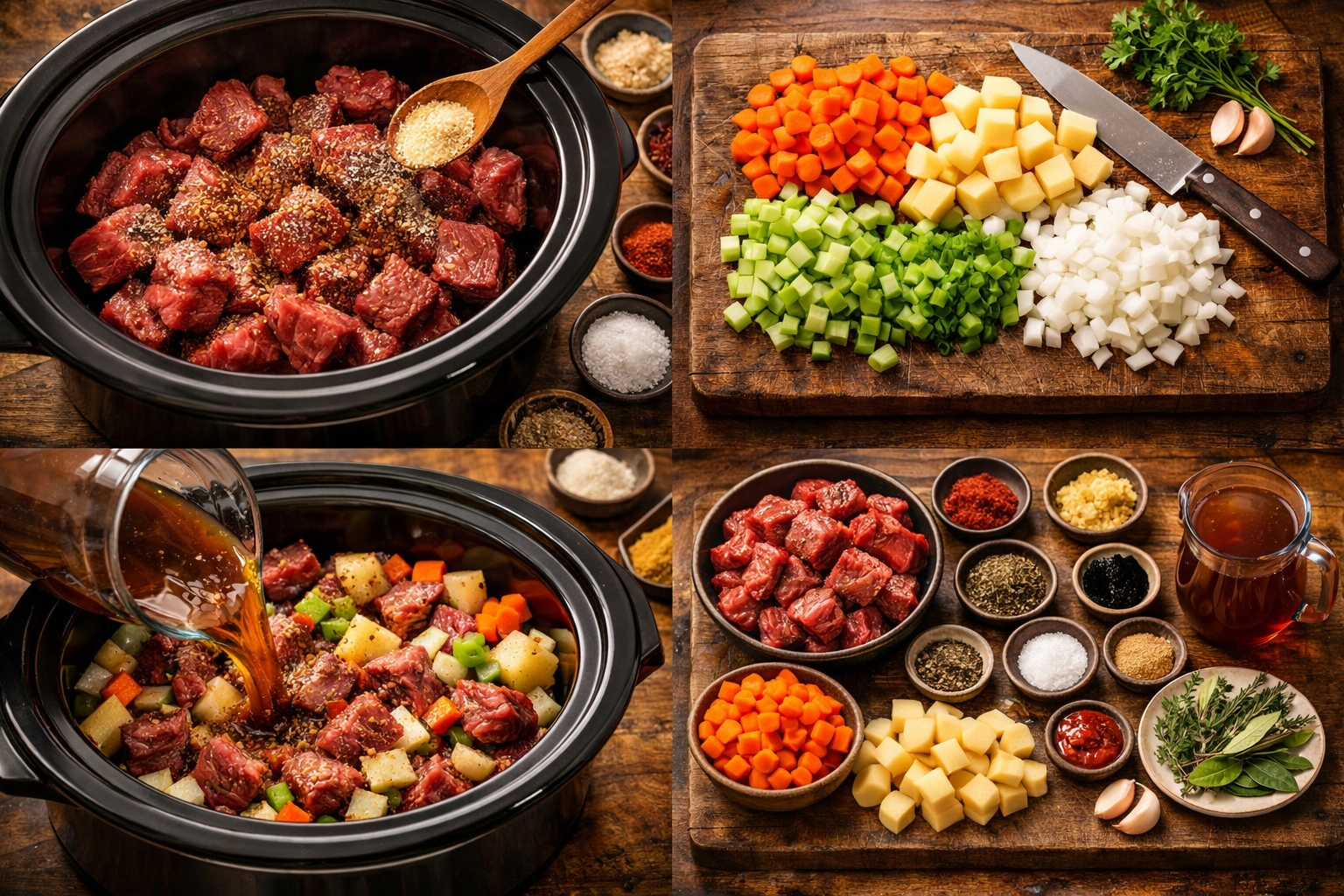 Detailed food photography showing step-by-step beef stew preparation in slow cooker, featuring raw beef chunks being seasoned, fresh vegetab