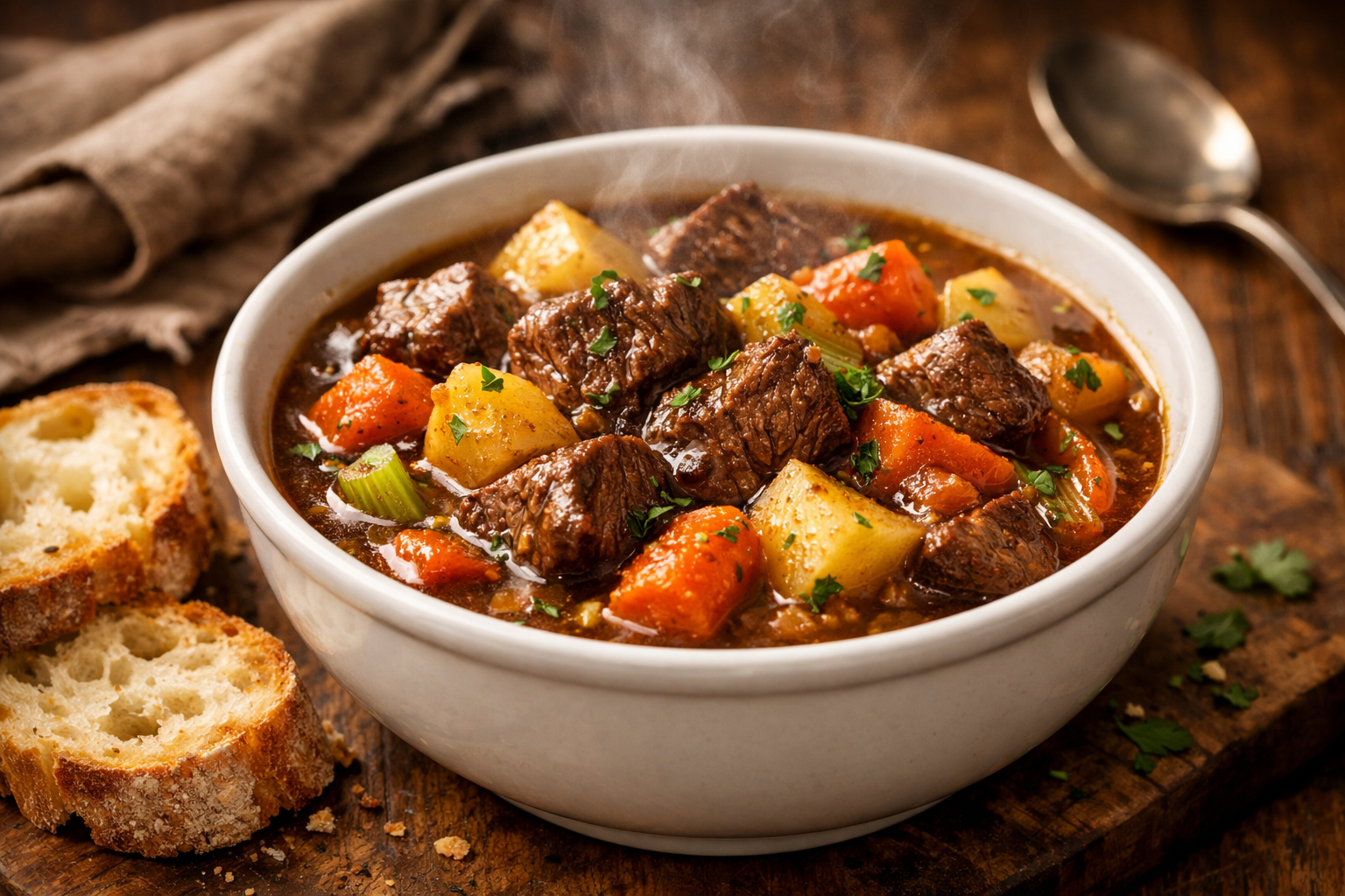 Beautiful close-up food photography of finished beef stew in white ceramic bowl, showing tender beef pieces, colorful vegetables, rich brown