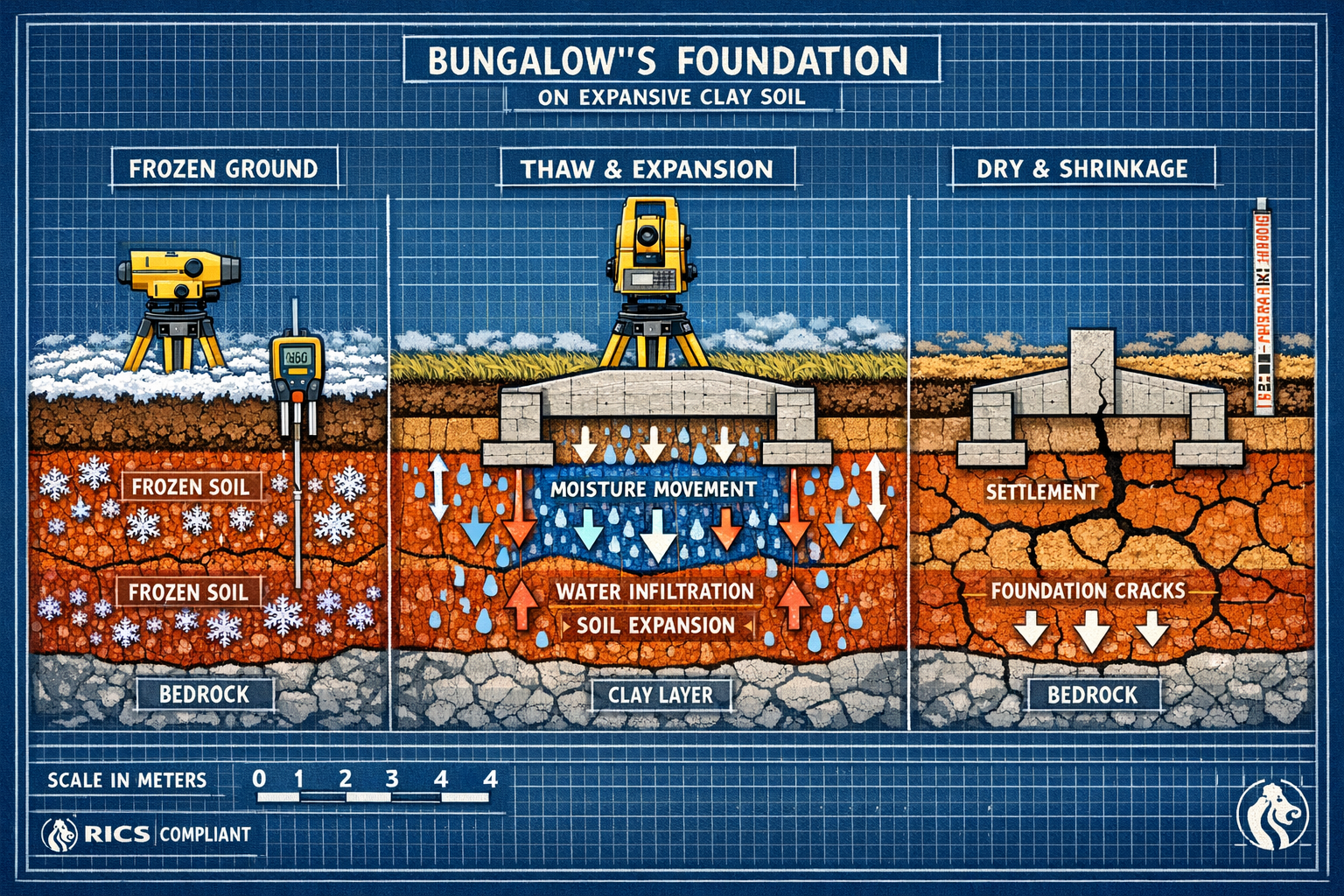 Detailed () cutaway technical illustration showing bungalow foundation cross-section on expansive clay soil during spring