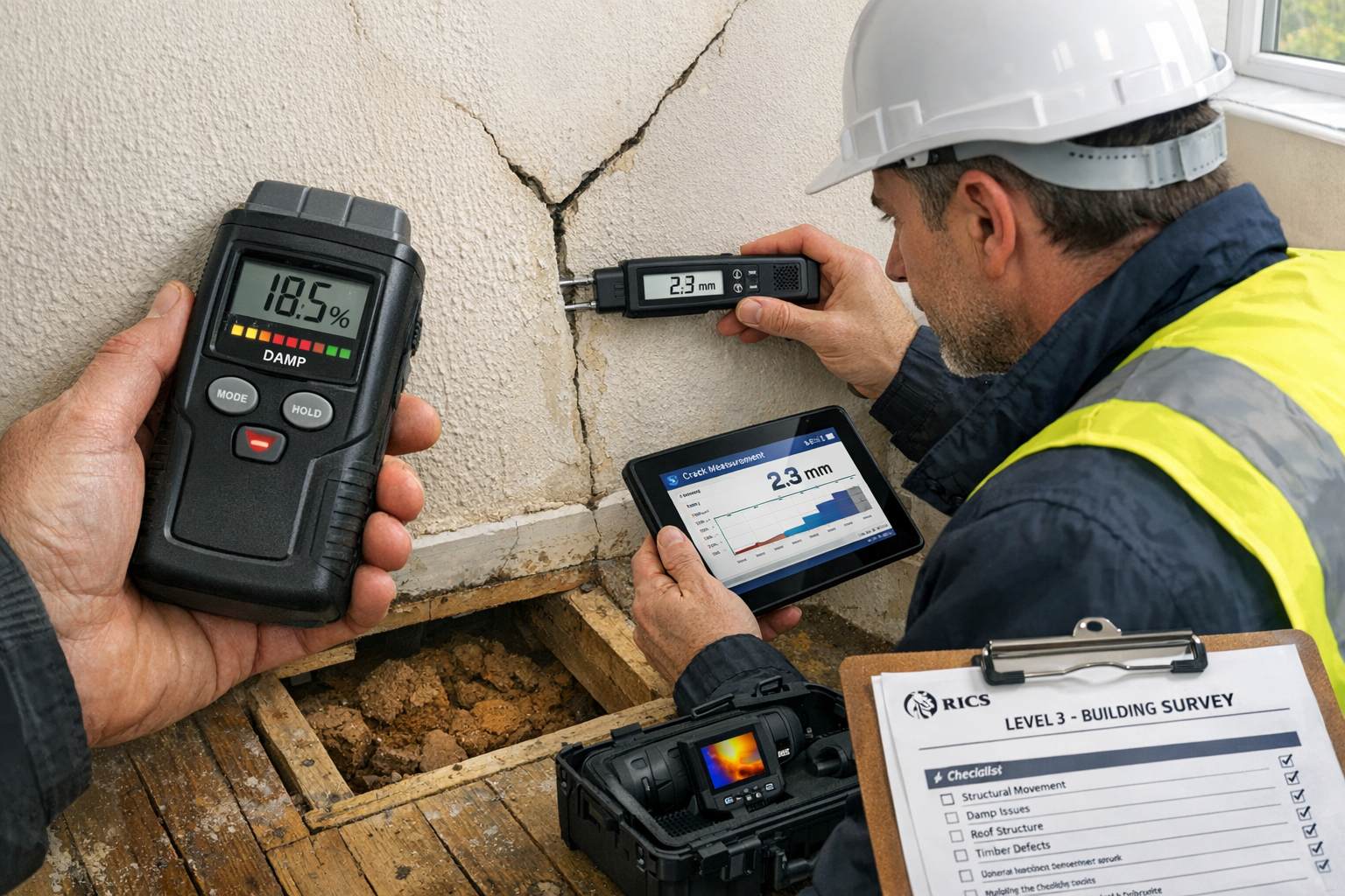 Detailed () professional surveyor conducting Level 3 building survey inside bungalow, examining diagonal crack in wall