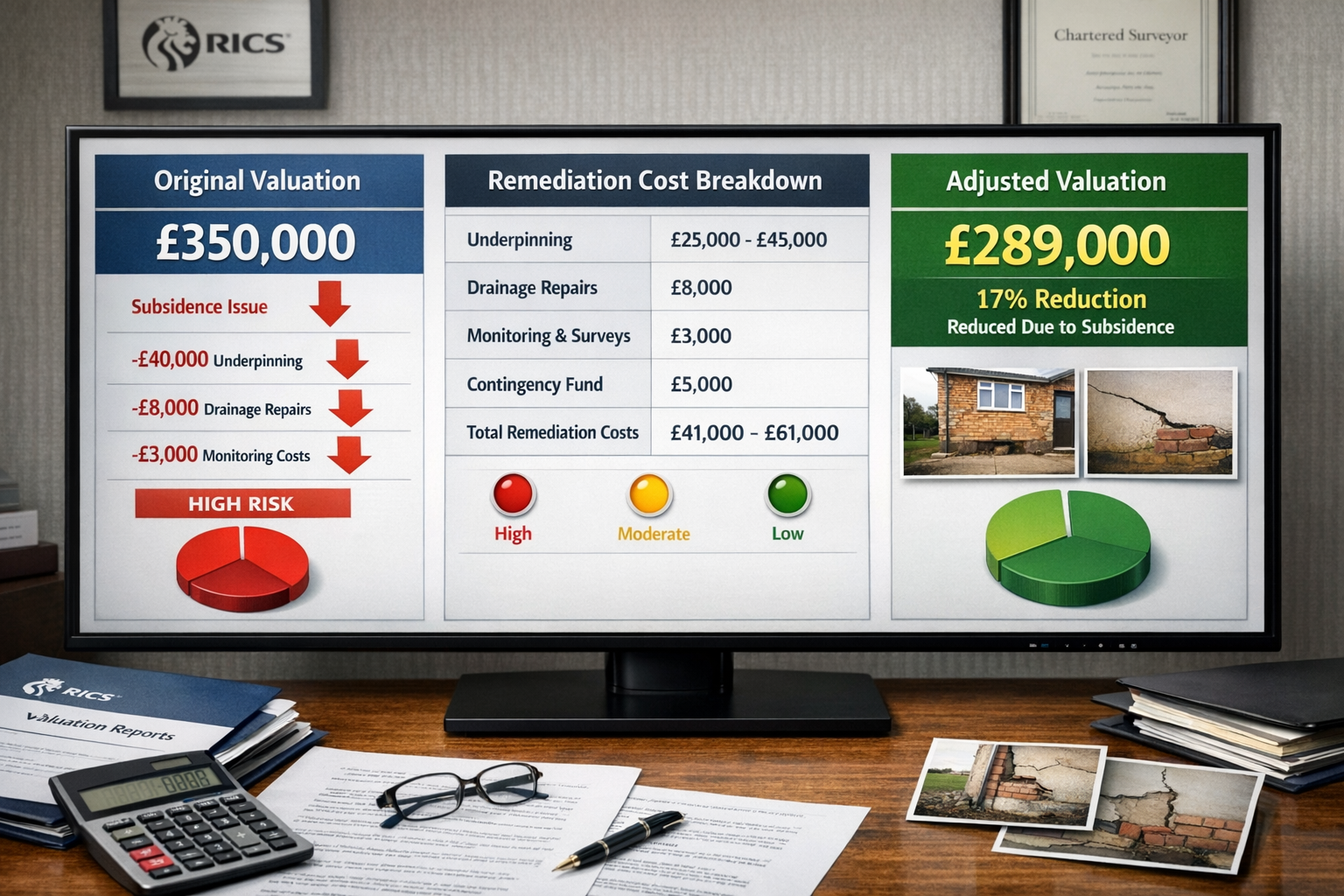 Detailed () professional property valuation adjustment chart displayed on large monitor screen showing bungalow valuation