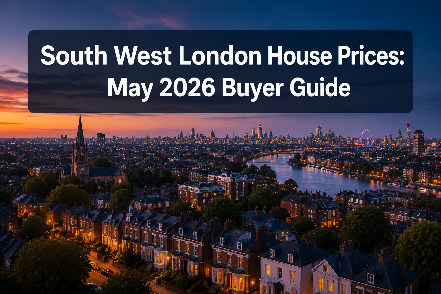 Professional () hero image with : 'South West London House Prices: May 2026 Buyer Guide' in extra large white with dark